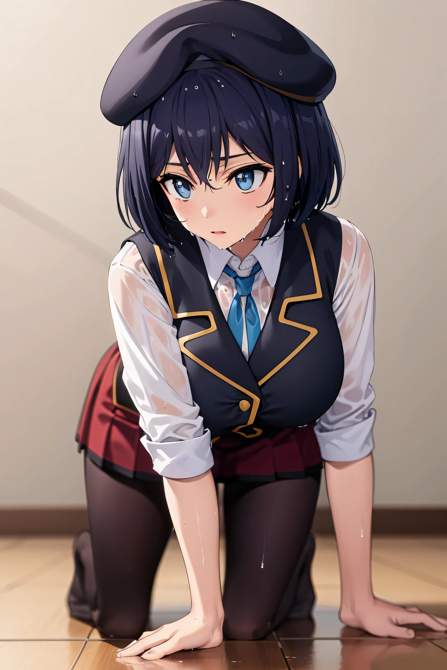 sakurada,large breast,
BREAK (beret, blue headwear, blue jacket, blue vest, hat, jacket, pantyhose, ribbon, school uniform, skirt, vest, youtou high school uniform:1.2),
BREAK cleaning, all fours, (((wet floor))), wooden wall, holding towel, water,
BREAK beach
BREAK (masterpiece:1.2), best quality, high resolution, unity 8k wallpaper, (illustration:0.8), (beautiful detailed eyes:1.6), extremely detailed face, perfect lighting, extremely detailed CG, (perfect hands, perfect anatomy),