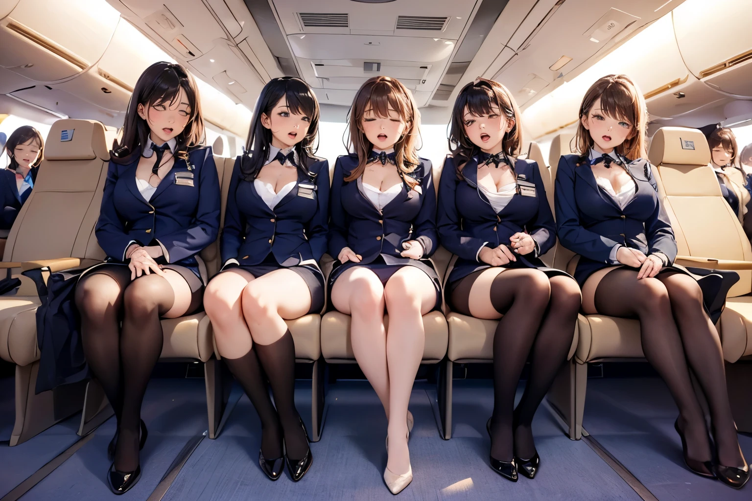 (((Winter clothes of flight attendants))), The greatest dignity, charismatic, ((five women show off their panties)), (drooping eyes), ((sleepy)), Archaic beauty, Hair in l air, thigh high stockings, nameplate, ID card, (full body), open thighs, show off their crotch, raise leg, open mouth, Background inside the plane,