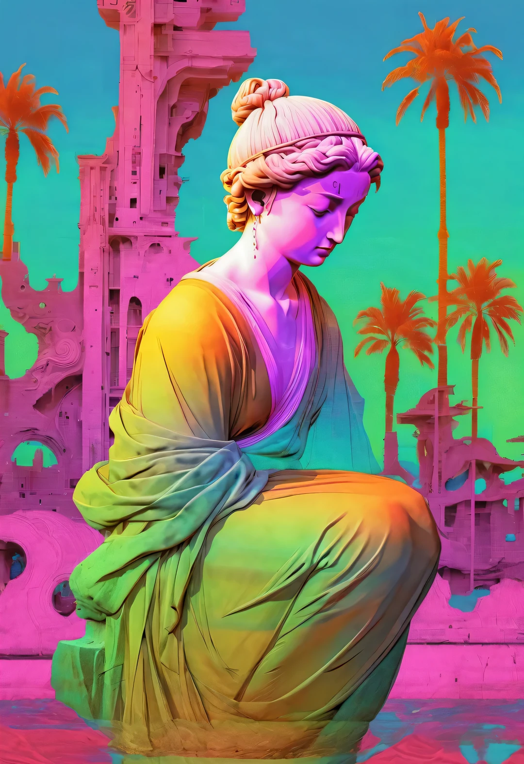 （Vaporwave style retro David sculpture poster），Marble sculptures by Italian sculptor Michelangelo Buonarroti，dolphin，Palm tree，The distortion and color cast effects of old picture tube TVs are stiffly spliced together.，Rich details，Vaporwave style portrait, Beautiful detailed， Lo-fi photography style, ESTILO RETROFUTURISMO, ultra modern style, Vintage photography style, cyberpunk style, dystopians style，Glitch art style, Beautiful detailed