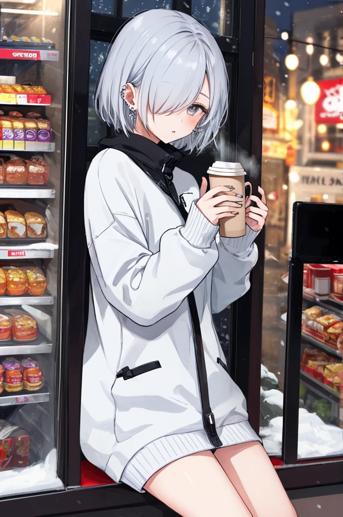 ((masterpiece:1.4, best quality:1.2)), 1girl, solo focus, beautiful skin, blush, grey sweatshirt, long white hair, grey eyes, sitting, earrings, Hands piercing, coffee shop window, night, snowing, cityscape, tall female, beautiful and delicate female, comfy ambience, {detailed background}, hair over one eye, shy, sexy, naked,