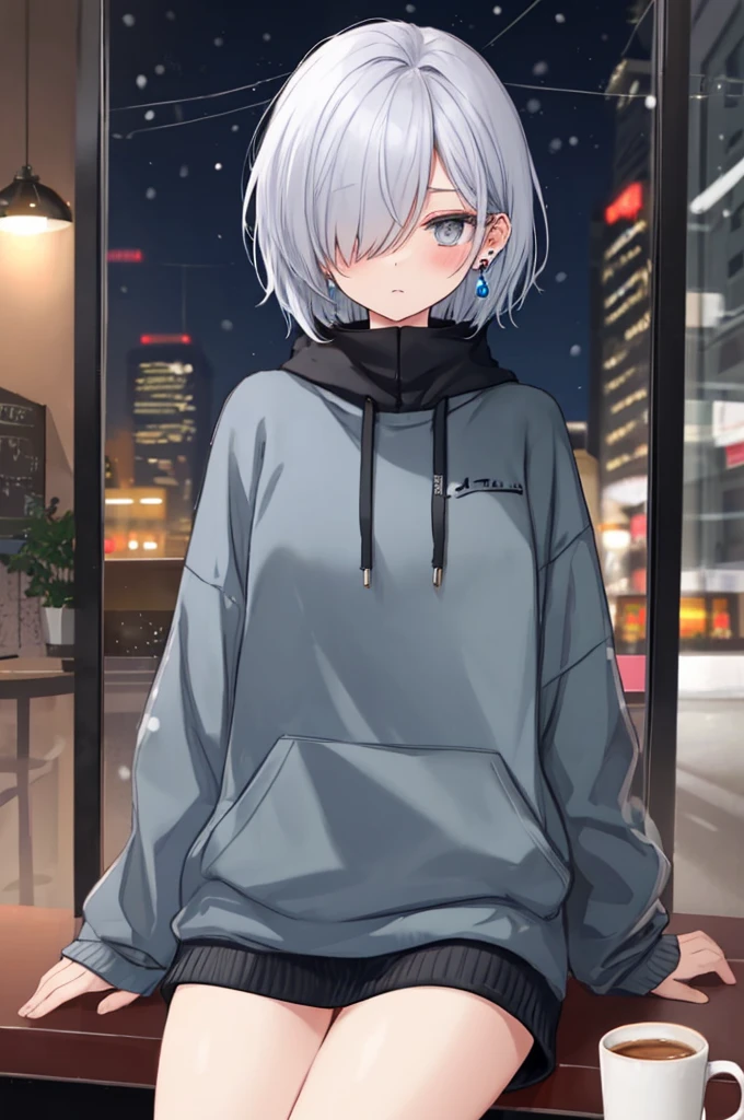 ((masterpiece:1.4, best quality:1.2)), 1girl, solo focus, beautiful skin, blush, grey sweatshirt, long white hair, grey eyes, sitting, earrings, Hands piercing, coffee shop window, night, snowing, cityscape, tall female, beautiful and delicate female, comfy ambience, {detailed background}, hair over one eye, shy, sexy, naked,