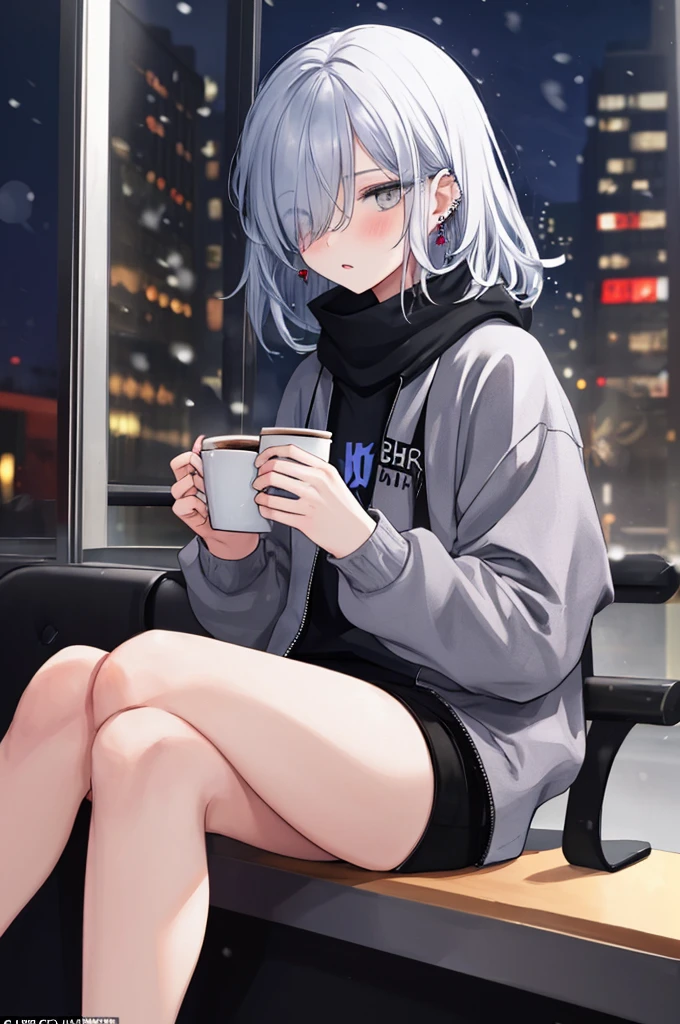 ((masterpiece:1.4, best quality:1.2)), 1girl, solo focus, beautiful skin, white sweatshirt, long white hair, grey eyes, black legwear, sitting, earrings, piercing, coffee shop window, night, snowing, cityscape, tall female, beautiful and delicate female, comfy ambience, {correct posing}, {detailed background}, a miniskirt, hair over one eye