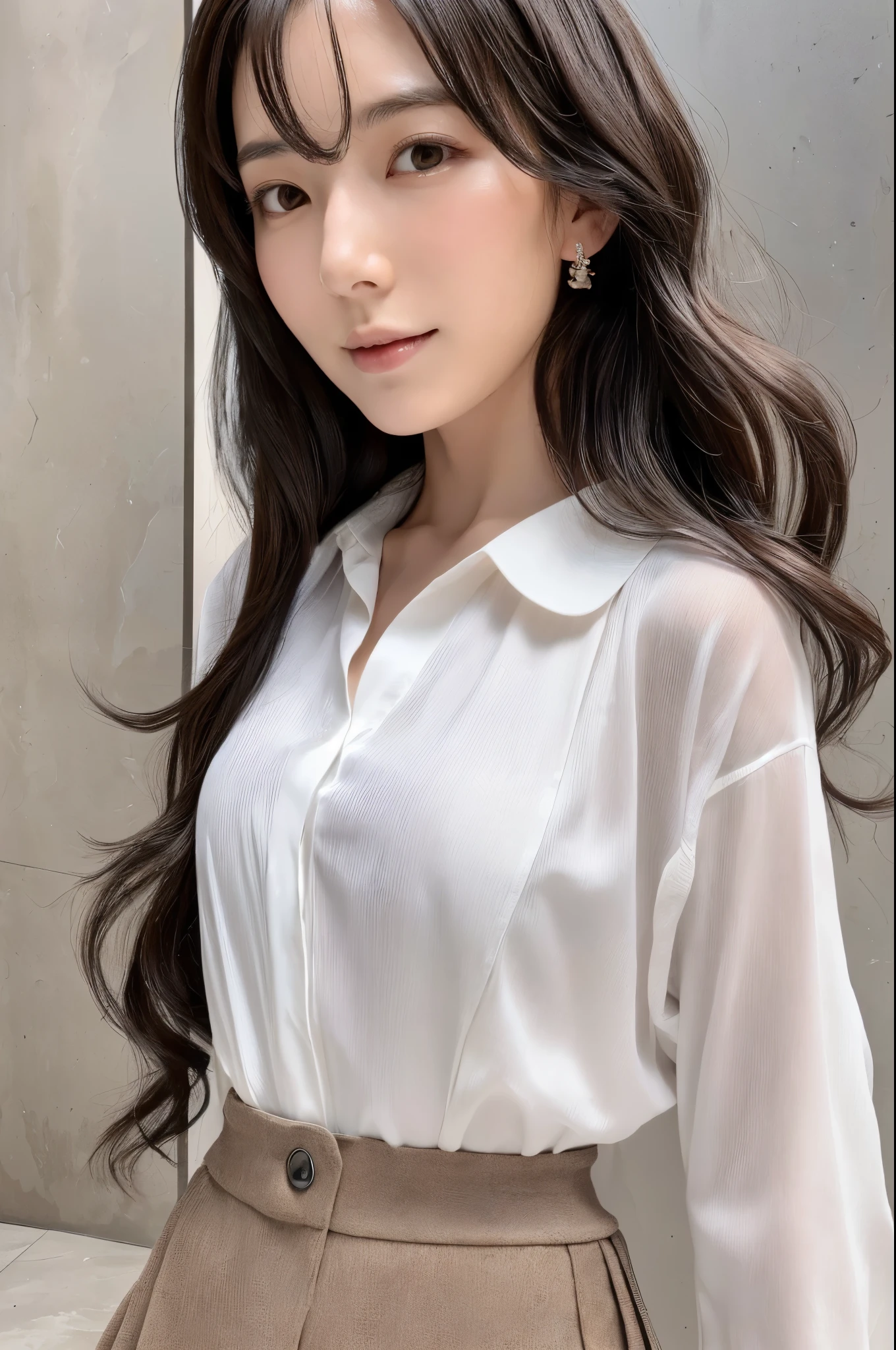 (Best quality, High resolution, Masterpiece :1.3), A Japanese lady, cute face, Slender abs, Dark brown hair styled in loose waves, Small breasts, Very thin waist, Wearing pendant, White button up shirt, Belt, Black skirt, (Modern architecture in background), Details exquisitely rendered in the face and skin texture, Detailed eyes, Double eyelid