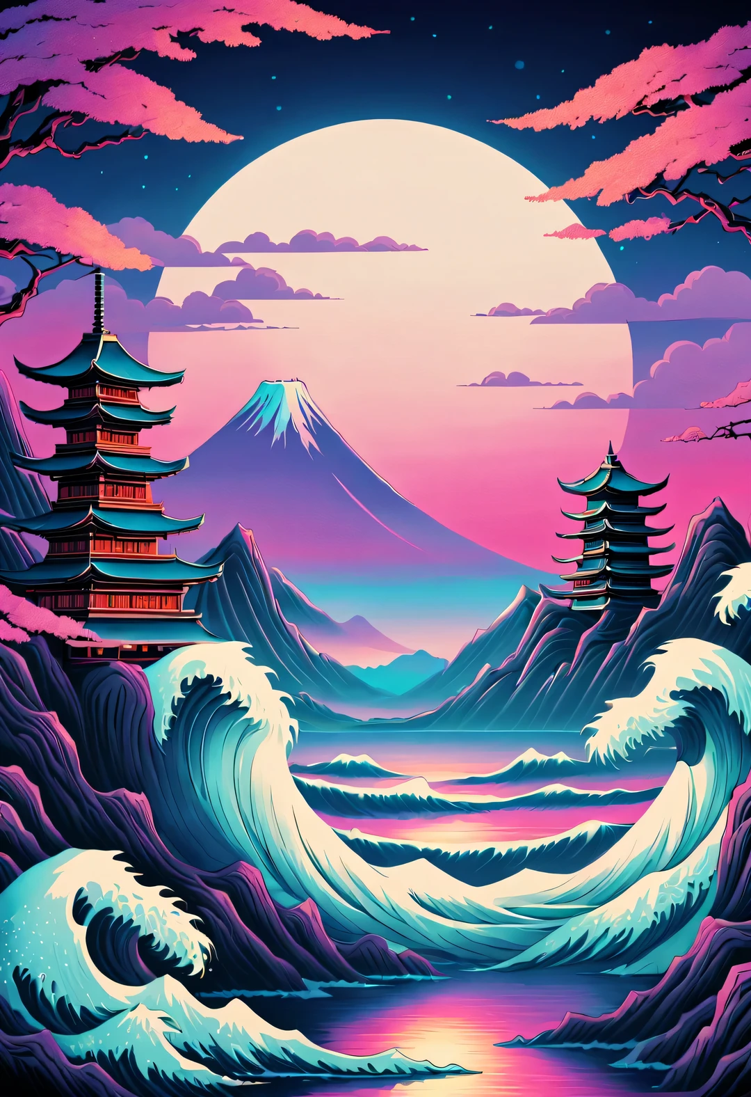 in style of vaporwave, Beautiful detailed，Color rad retro poster , Dan Mumford style, master of ukiyo-e, Vibrant stage backdrop,pixel style，vaporwave