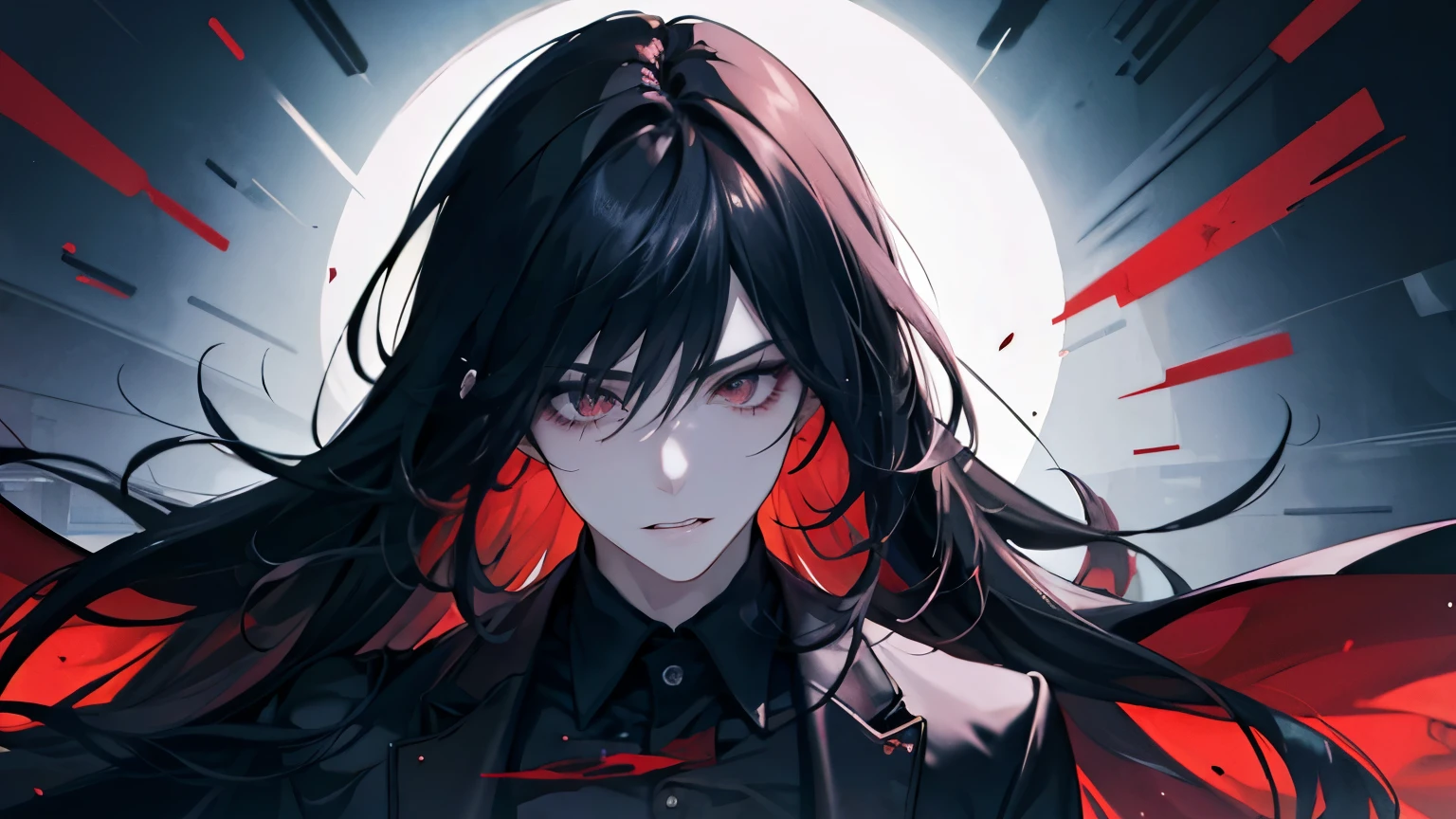 (best quality), 1man,Masculinity,One with long black hair,red eyes,vampire,Open your mouth to show your fangs,Gorgeous dark atmosphere, Wear a black suit,late night