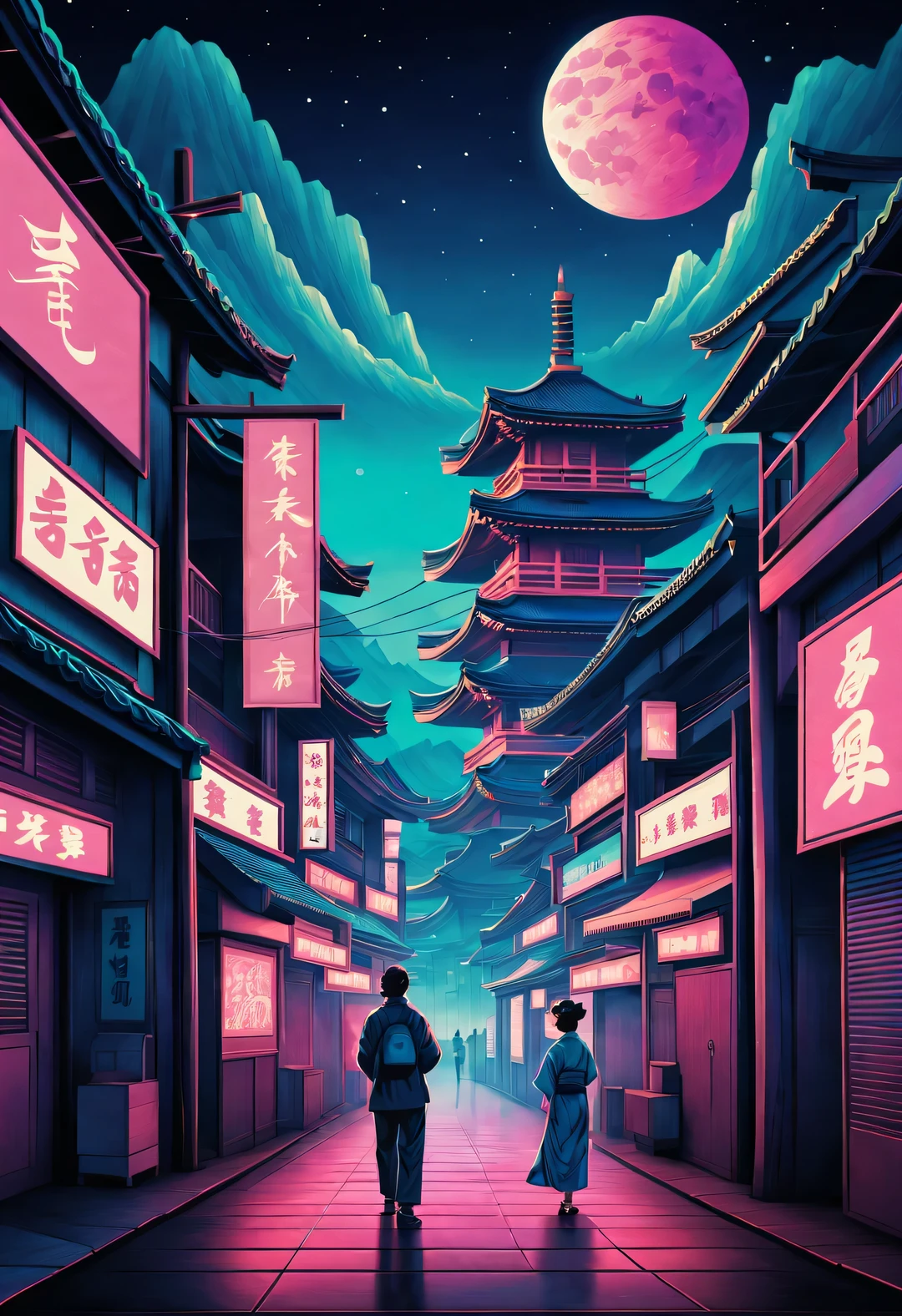 in style of vaporwave, Beautiful detailed，Color rad retro poster , Dan Mumford style, master of ukiyo-e, Vibrant stage backdrop,pixel style，vaporwave