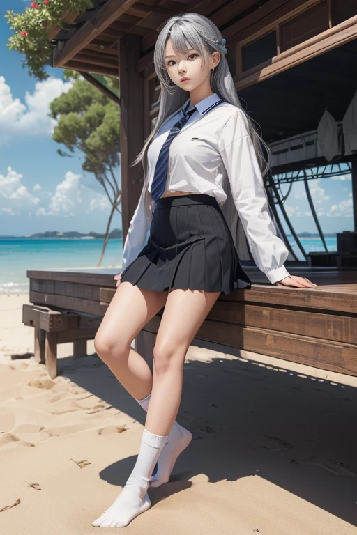 ((masterpiece)), ((best quality)), ((highres)), ((extremely detailed CG unity 8k wallpaper)), solo, tachibana kanade, tan school uniform, black skirt, white socks, outdoors, face, curtained hair, beach, parted hair, silver hair