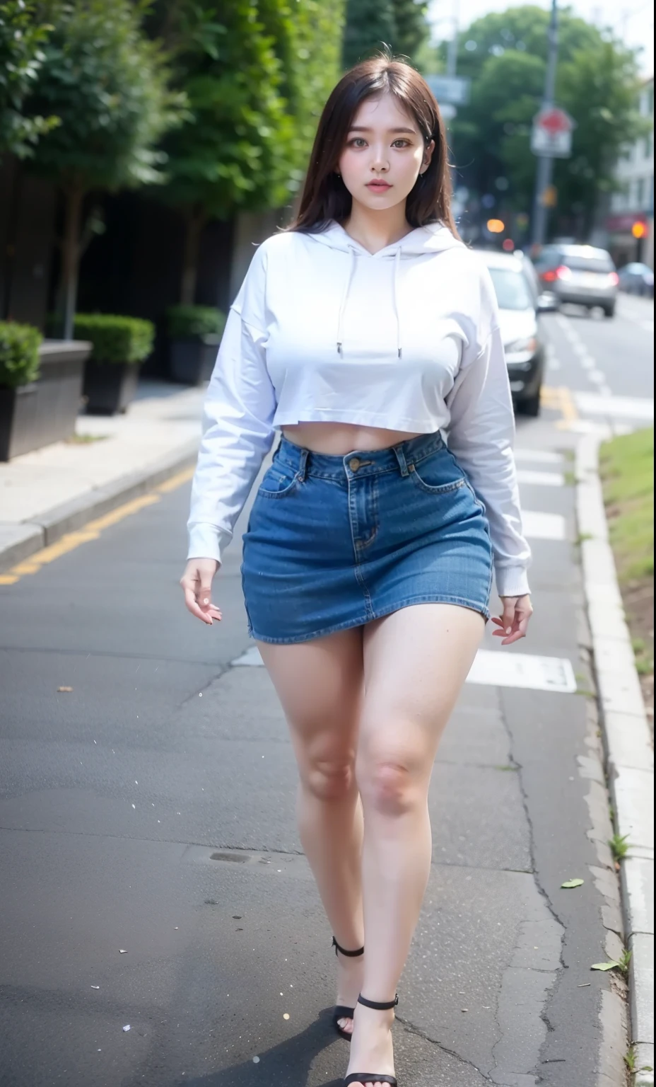 ((best quality)), ((masterpiece)), (detailed), perfect face, araffe woman in a dark-blue hoodie and blue denim skirt walking down a street, thicc, she has a jiggly fat round belly, bbwchan, wearing tight simple clothes, skinny waist and thick hips, widest hips, her belly is fat and round, soft curvy shape, hyperrealistic full figure, wearing a cute top, wide hips