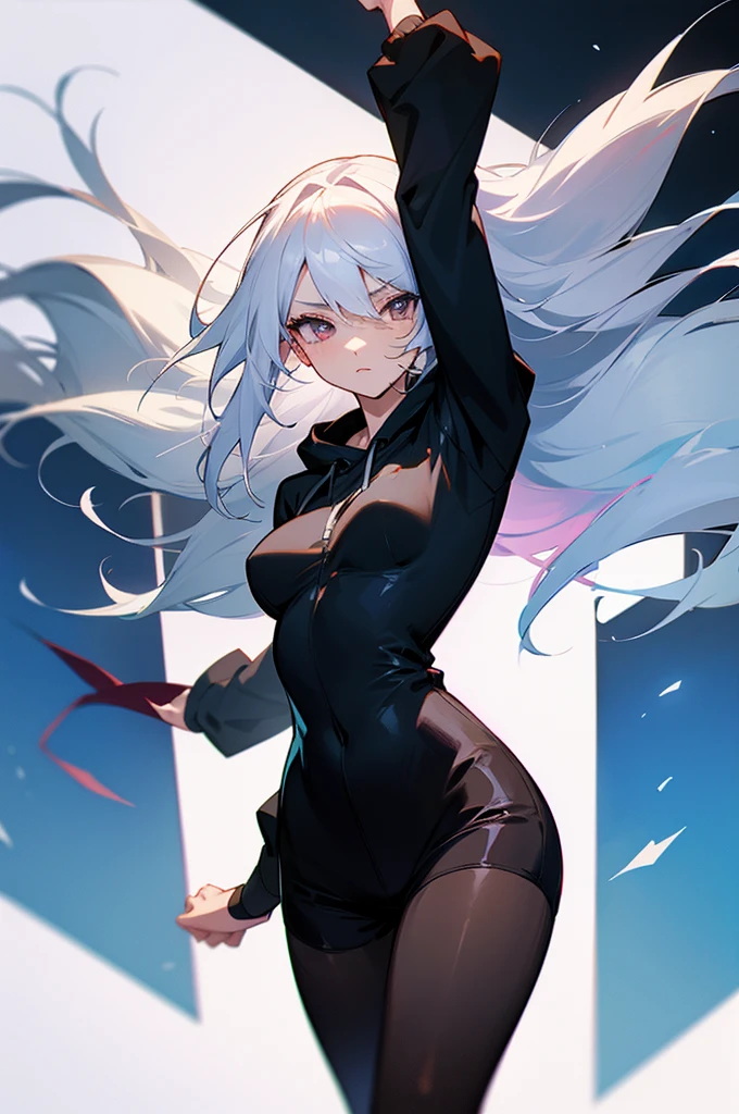 anime style woman with big white hair wearing black cloth eye bands with beautiful body wearing pantyhose shorts and a hoodie