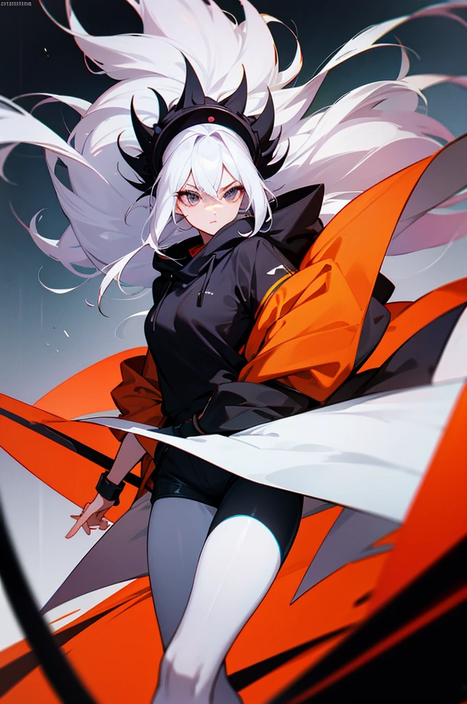 anime style woman with big white hair wearing black cloth eye bands with beautiful body wearing pantyhose shorts and a hoodie