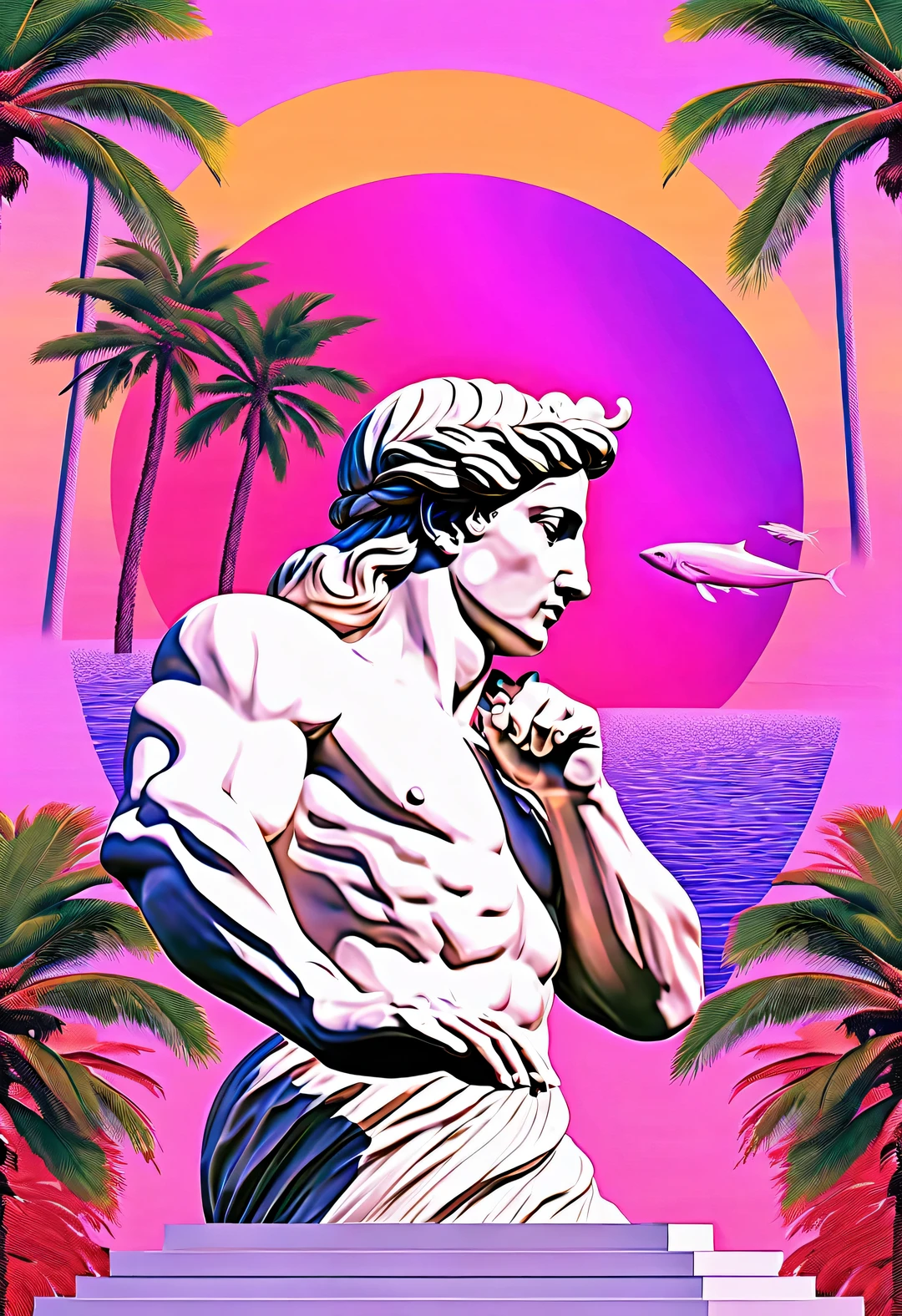 (Vaporwave style retro David sculpture poster),Marble sculptures by Italian sculptor Michelangelo Buonarroti,dolphin,Palm tree,The distortion and color cast effects of old picture tube TVs are stiffly spliced together.,Rich details,Vaporwave style portrait, Beautiful detailed, Lo-fi photography style, ESTILO RETROFUTURISMO, ultra modern style, Vintage photography style, cyberpunk style, dystopians style