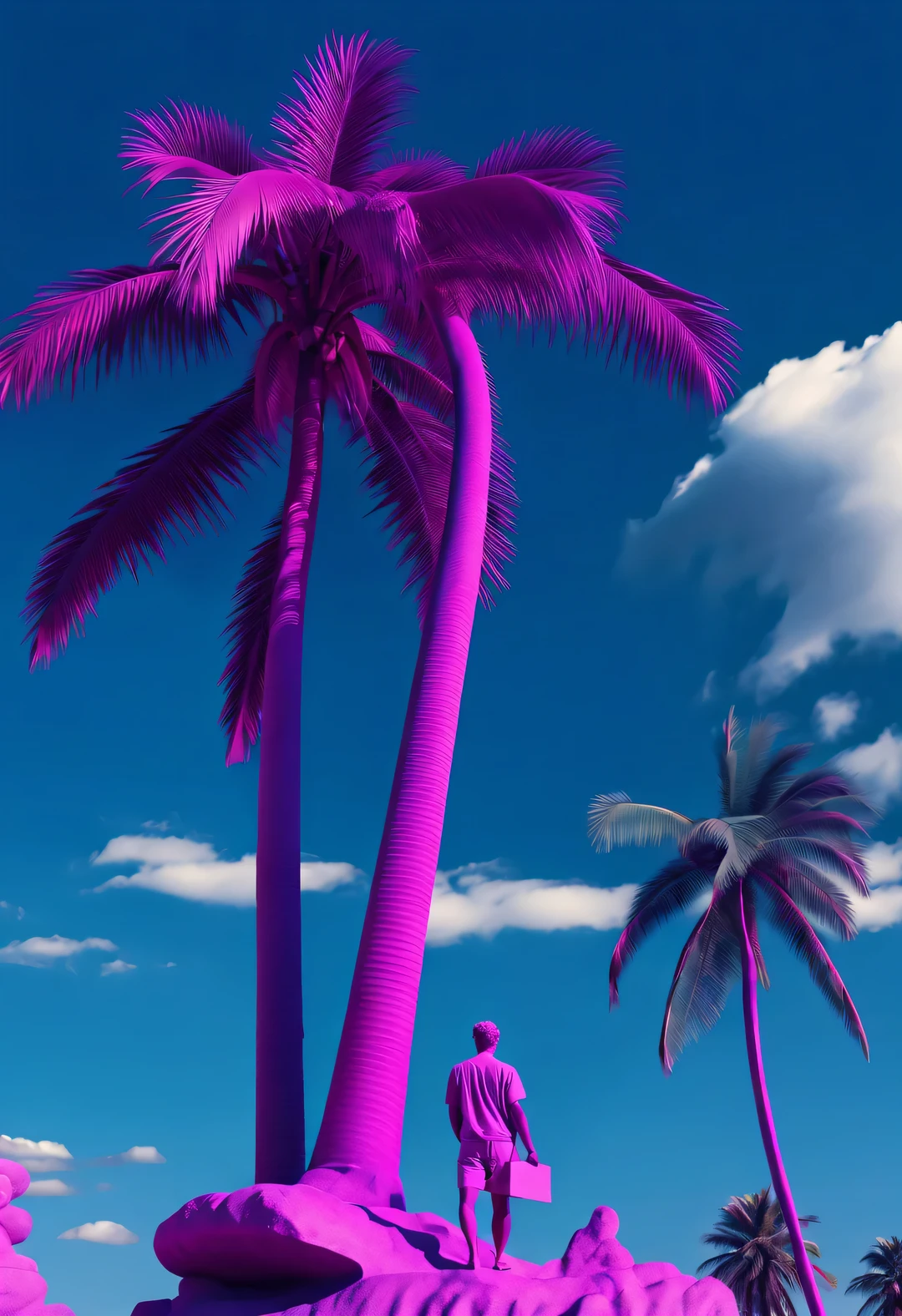  （Vaporwave style retro David sculpture poster），Marble sculptures by Italian sculptor Michelangelo Buonarroti，dolphin，Palm tree，The distortion and color cast effects of old picture tube TVs are stiffly spliced together.，Rich details，Vaporwave style portrait, Beautiful detailed， Lo-fi photography style, ESTILO RETROFUTURISMO, ultra modern style, Vintage photography style, cyberpunk style, dystopians style