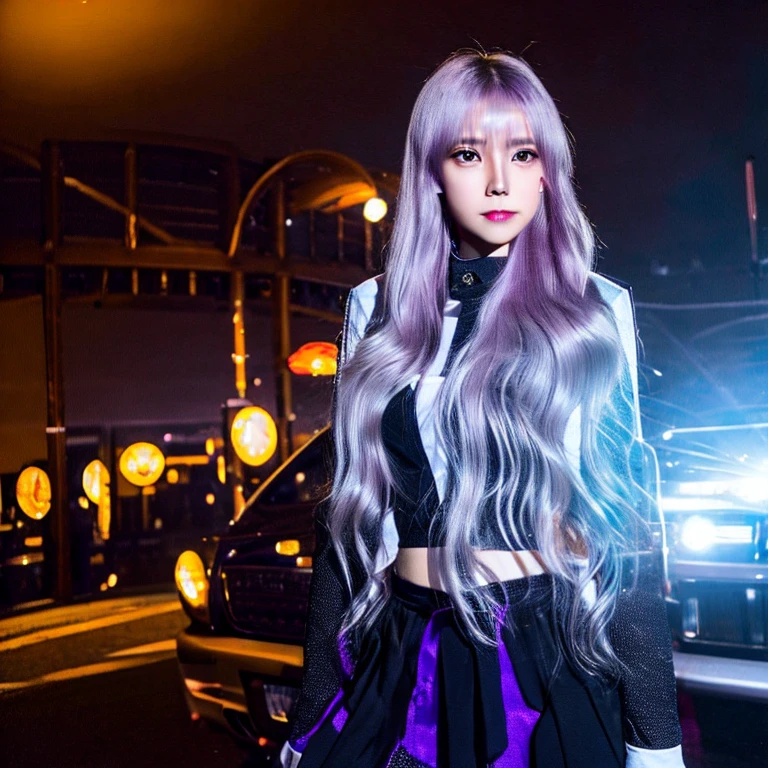((best quality)), ((masterpiece)), (detailed), perfect face1girl, japanese clothes, ponytail ,white hair, purple eyes, magic circle, blue fire, blue flames, wallpaper, landscape, blood, blood splatter, depth of field, night, light particles, light rays, sidelighting, thighs, fate \(series\), genshin impact, ****, open jacket, skirt, thighhighs, cloud