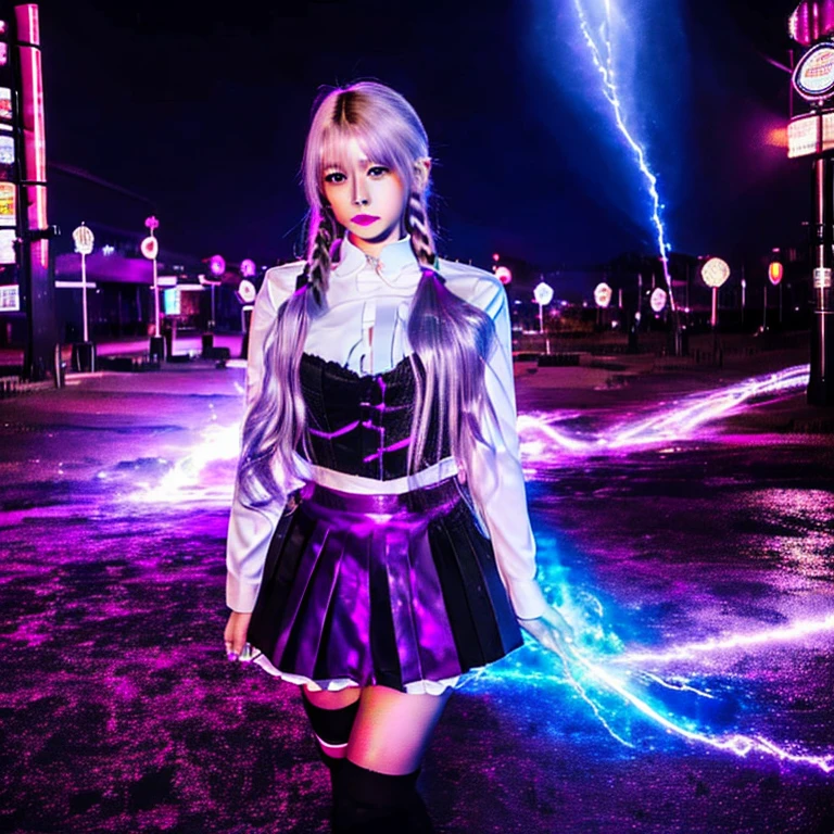 ((best quality)), ((masterpiece)), (detailed), perfect face1girl, japanese clothes, ponytail ,white hair, purple eyes, magic circle, blue fire, blue flames, wallpaper, landscape, blood, blood splatter, depth of field, night, light particles, light rays, sidelighting, thighs, fate \(series\), genshin impact, ****, open jacket, skirt, thighhighs, cloud