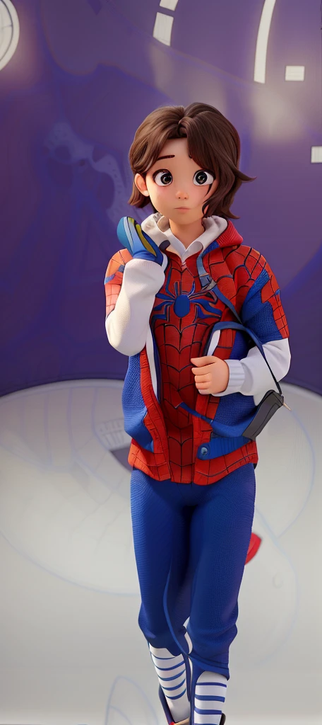 a girl, dressed in Spider-Man clothing, against the backdrop of an image of Spider-Man