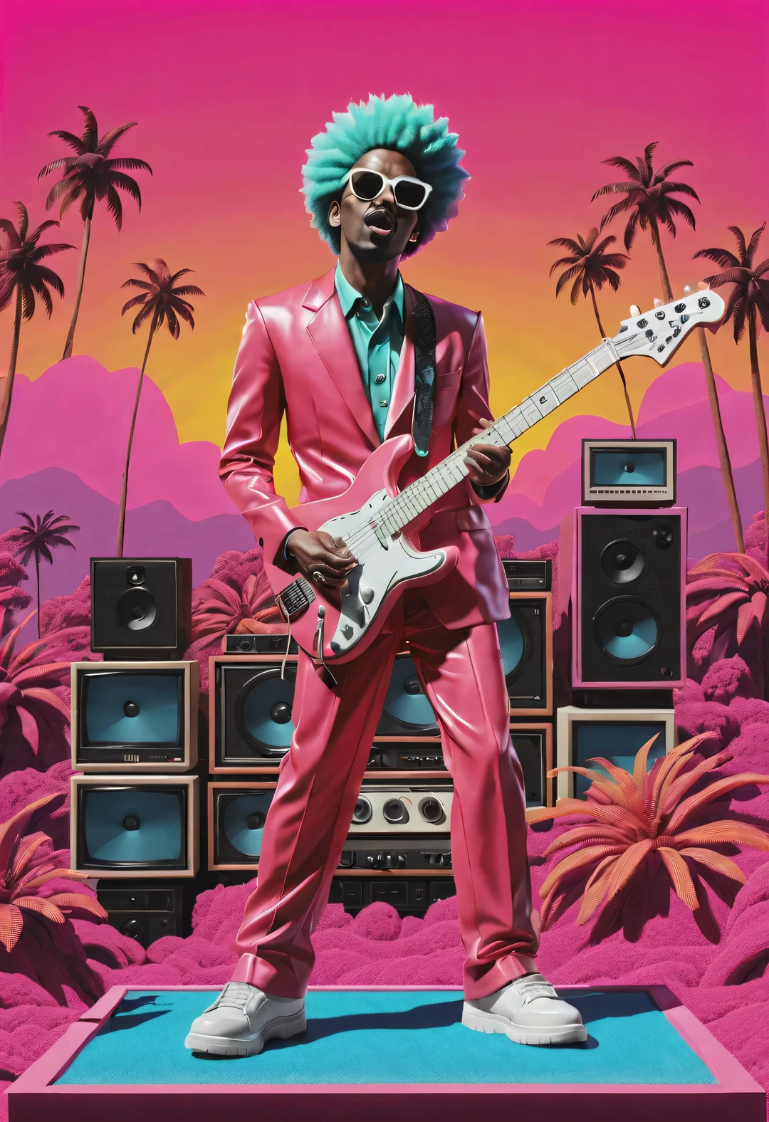 vaporwave style，cartoon，illustration，collage pattern，Bizarre static statue, A changing environment，Demonstrating strong feelings and imaginative expressions。
（A work from the 1980s、Wearing a red suit、wearing sunglasses、Man playing electric guitar singing his heart out&#39;content）、（afro Hairstyle）、dynamic poses、Energetic performance、、holding a microphone、Large collection of electronic band instruments、Rich details、（rock concert background），70-80年代的cartoon，Pink tones，Windows95-2000，dolphin，Palm tree，Arizona Iced Tea and Fiji Water， and the distortion of old picture tube televisions.、Stitching of blunt elements such as color cast effects，Rich details