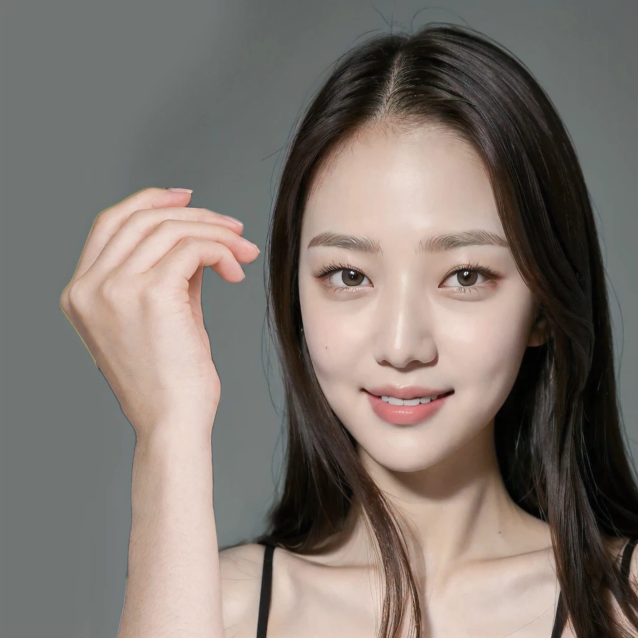 （Actually， high resolution：1.3, masterpiece, 8 thousand, best quality, ultra detail ）,
Korean woman, very beautiful face, (photo realistic:1.4), studio shoot,pictorial,photography,Realistic eyes, very detailed face, detailed lips, normal hand, shiny lips, Glossy face, simple background
