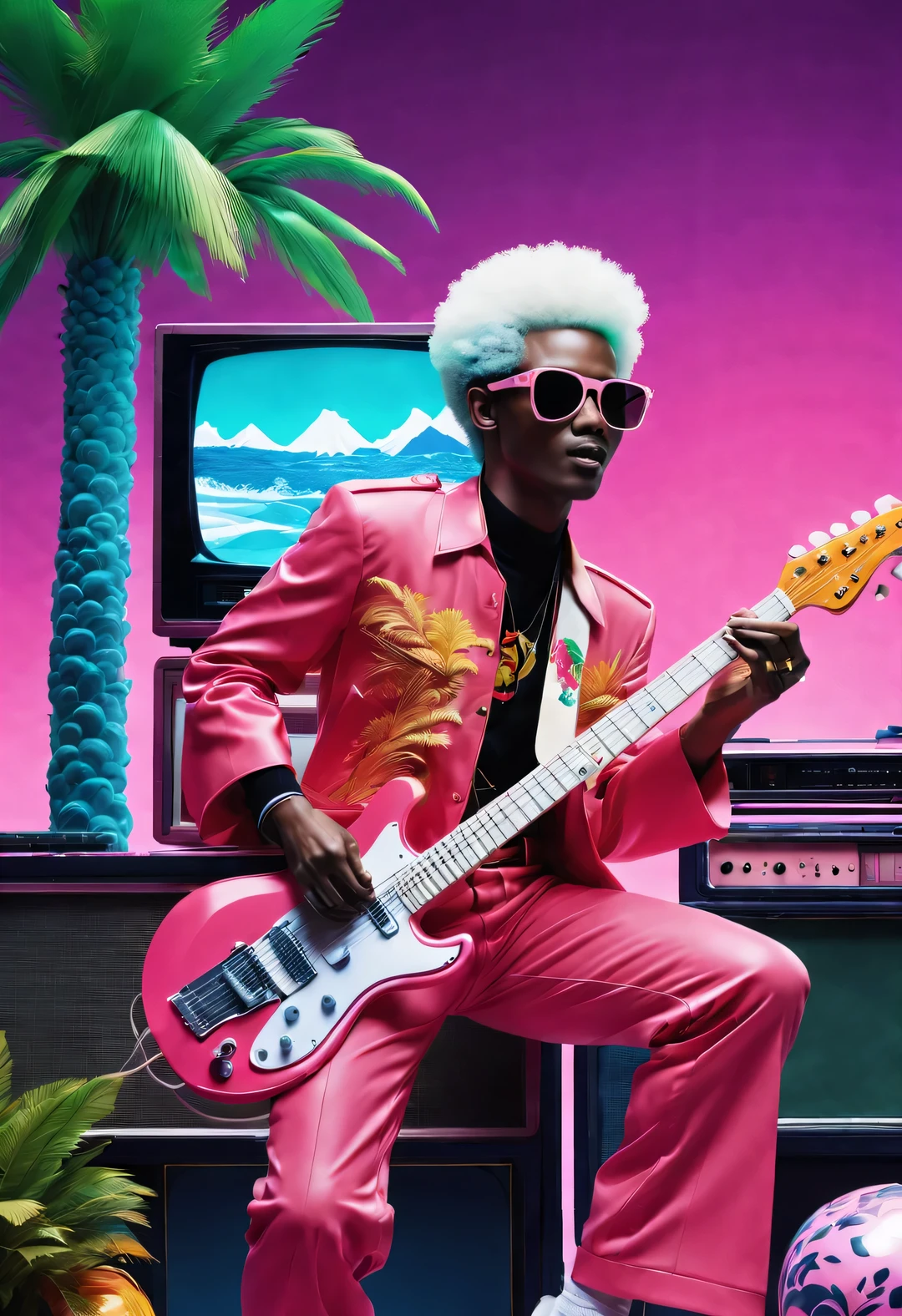vaporwave style,classical statue、traditional Chinese、Anime from the 70s and 80s、Pink tones、Windows95-2000、dolphin、Palm tree、It's a blunt splice of elements like Arizona iced tea and Fiji water, and the distortion and color cast effects of old picture tube televisions..,
A work from the 1980s、Wearing a red suit、wearing sunglasses、Man playing electric guitar singing his heart out'content)、(afro Hairstyle)、dynamic poses、Energetic performance、、holding a microphone、Large collection of electronic band instruments、Rich details、(rock concert background)