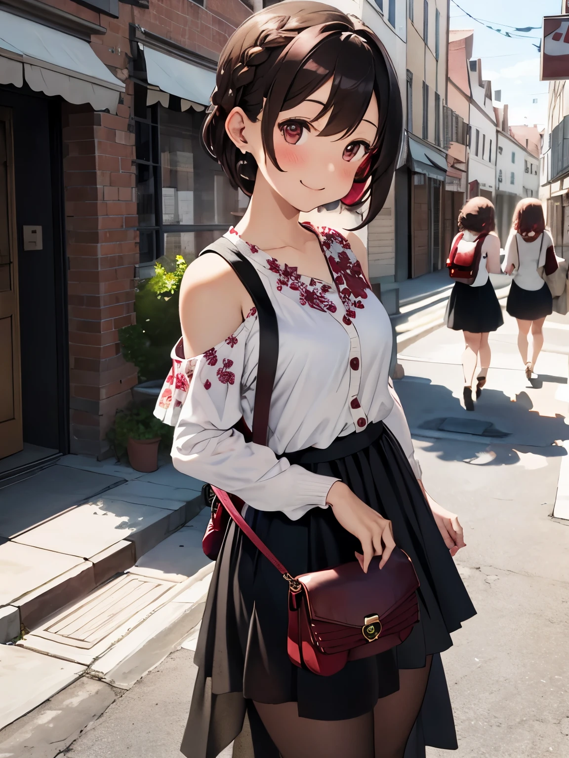 character//1 girl,(light brown hair),(brown eyes),(With bangs),((Braided shorthair)),(eye size:1.5),BREAK//((strawberry color knit cardigan)),BREAK//((white t-shirt with floral pattern)),BREAK//((Black sheer long skirt:1.2)),BREAK//((Wine red color mini shoulder bag:1.4)),(slight blush),(Staring at me with a cute smile:1.3),((Dating atmosphere)),BREAK//(A city with a traditional landscape that looks like a European cityscape)),(During sightseeing:1.4)