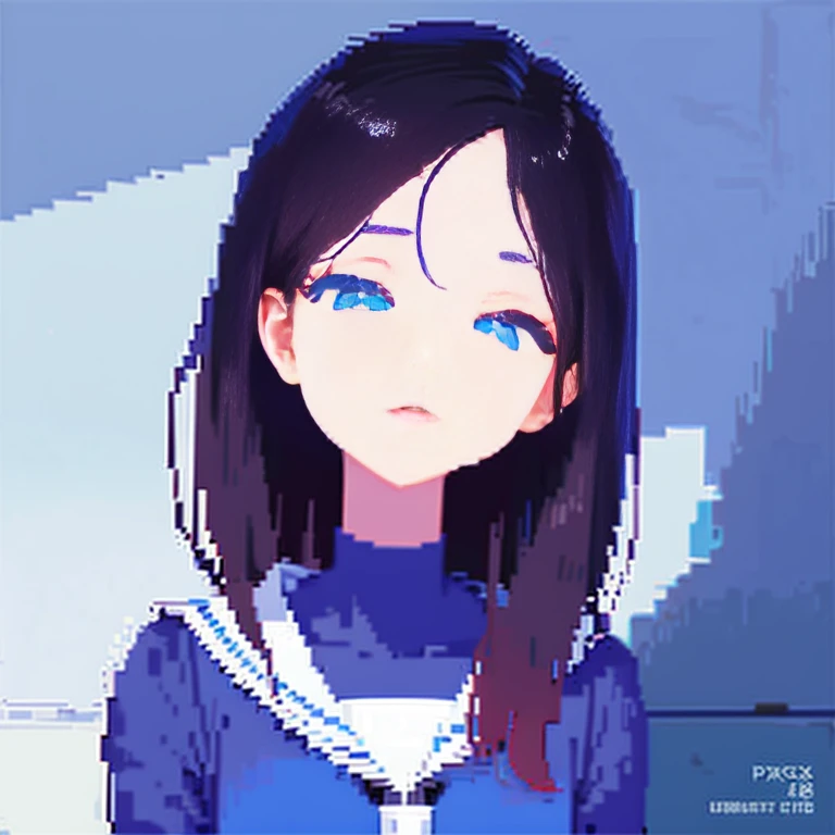 ((The style of Pixel art)), Pix, 4-bit Pixel art,evening,evening,dusk,after school,A hallway that goes on forever,Broken vase,Nobody is here,Face down eyes,1girl,long black hair,blue eyes,pale skin,thin hands,thick eyelashes,Cherry-colored lips,White and blue sailor suit,dream,fear,pastel colour,primary color,Shadow,forever,not, Pixel Official Art, stupid reply, view viewer, solo focus, dynamic angle, head tilt, , Ultra-fine Pixel art