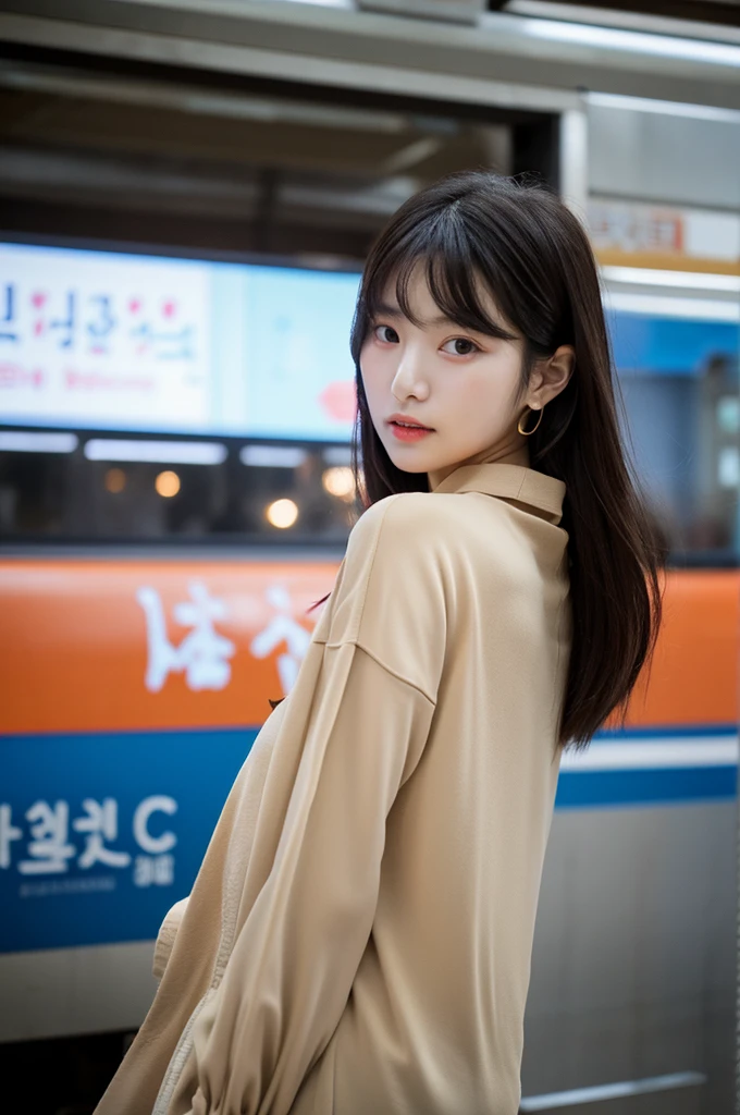 Cinematic Photo of a beautiful korean fashion model bokeh train