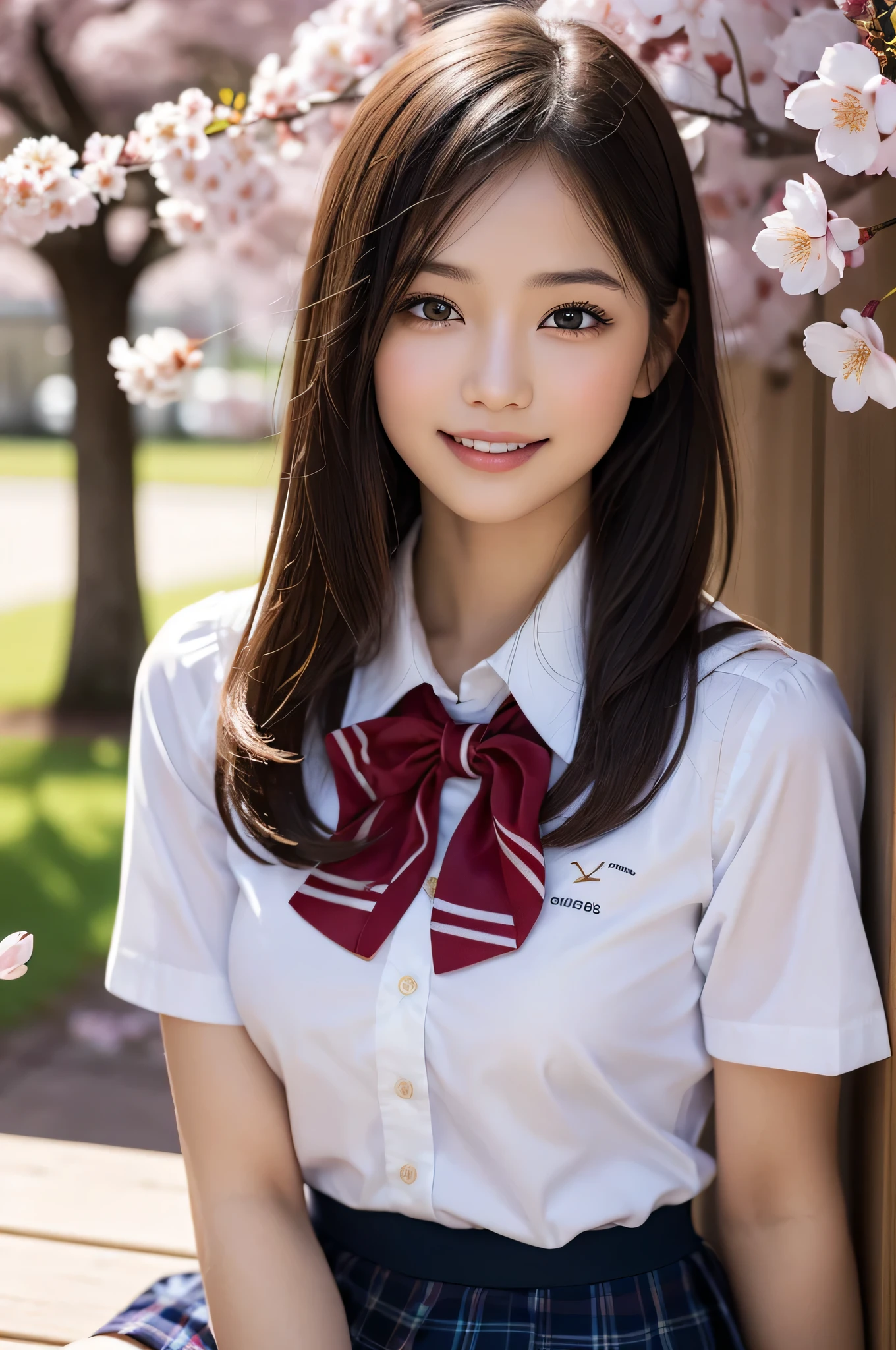 (1 girl), wonderful face and eyes, (big round eyes:1.15), (Highly detailed beautiful face), smile, (school uniform, pleated mini skirt:1.3), (school uniform with open breasts), (highest quality:1.4), (super detailed), (surreal, realistic:1.37), fair skin, Highly detailed CG integrated 8k wallpaper, RAW photo, professional photos, cinematic lighting, sitting, bench, spread your legs wide, (cleft of venus), (Cherry blossom wallpaper),