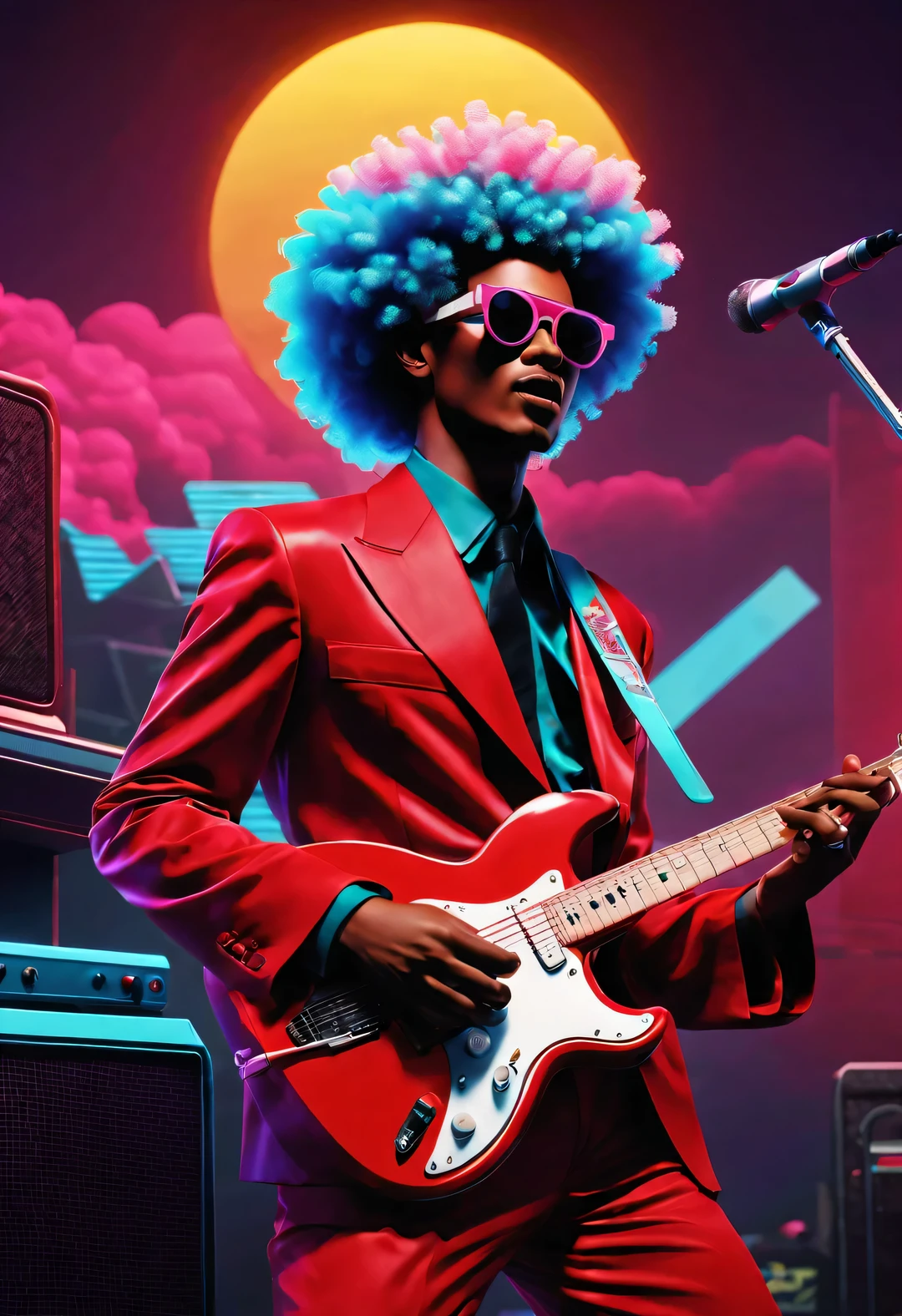 vaporwave style，(best picture quality，4K，8k，HD，masterpiece：1。 2）、Super fine、lifelike、bright colors、Vivid lighting、、Complex illustrations、dramatic lighting、ArtStation Trends、Award-winning works、Icons are very detailed、（A work from the 1980s、Wearing a red suit、wearing sunglasses、Man playing electric guitar singing his heart out&#39;content）、（afro Hairstyle）、dynamic poses、Energetic performance、、holding a microphone、Large collection of electronic band instruments、Rich details、（rock concert background）。