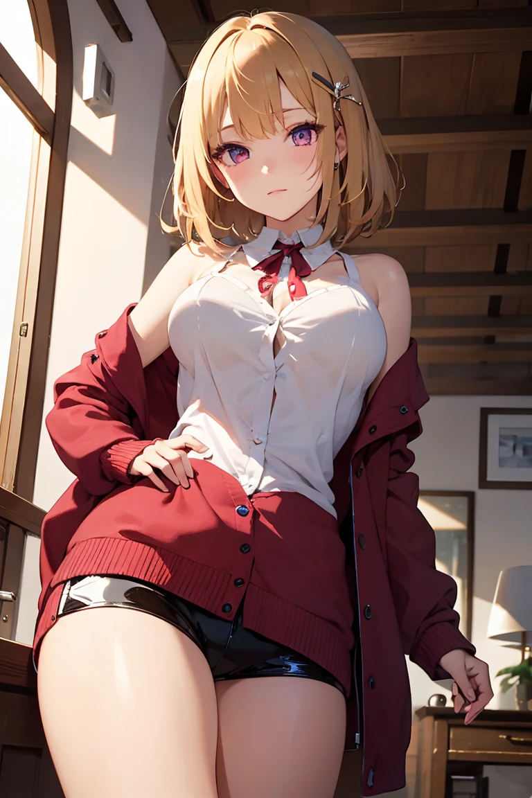 masterpiece, absurdres, best quality, ultra detailed, high Resolution, detailed illustration, extremely beautiful detailed face and eyes, Delicate beautiful face, bright colour, 1girl, cute face, magenta eyes, sparkling eyes, big eyes, medium breasts, (perky breasts:1.1), (pointy breasts:1.1), medium hips, glamorous body, white skin, happy, BREAK, long bob cut, (blonde hair:0.8), messy hair, detailed hair, shiny hair, BREAK cardigan, tiny ribbon, real world, natural lights, perfect lighting, outdoor, from below,