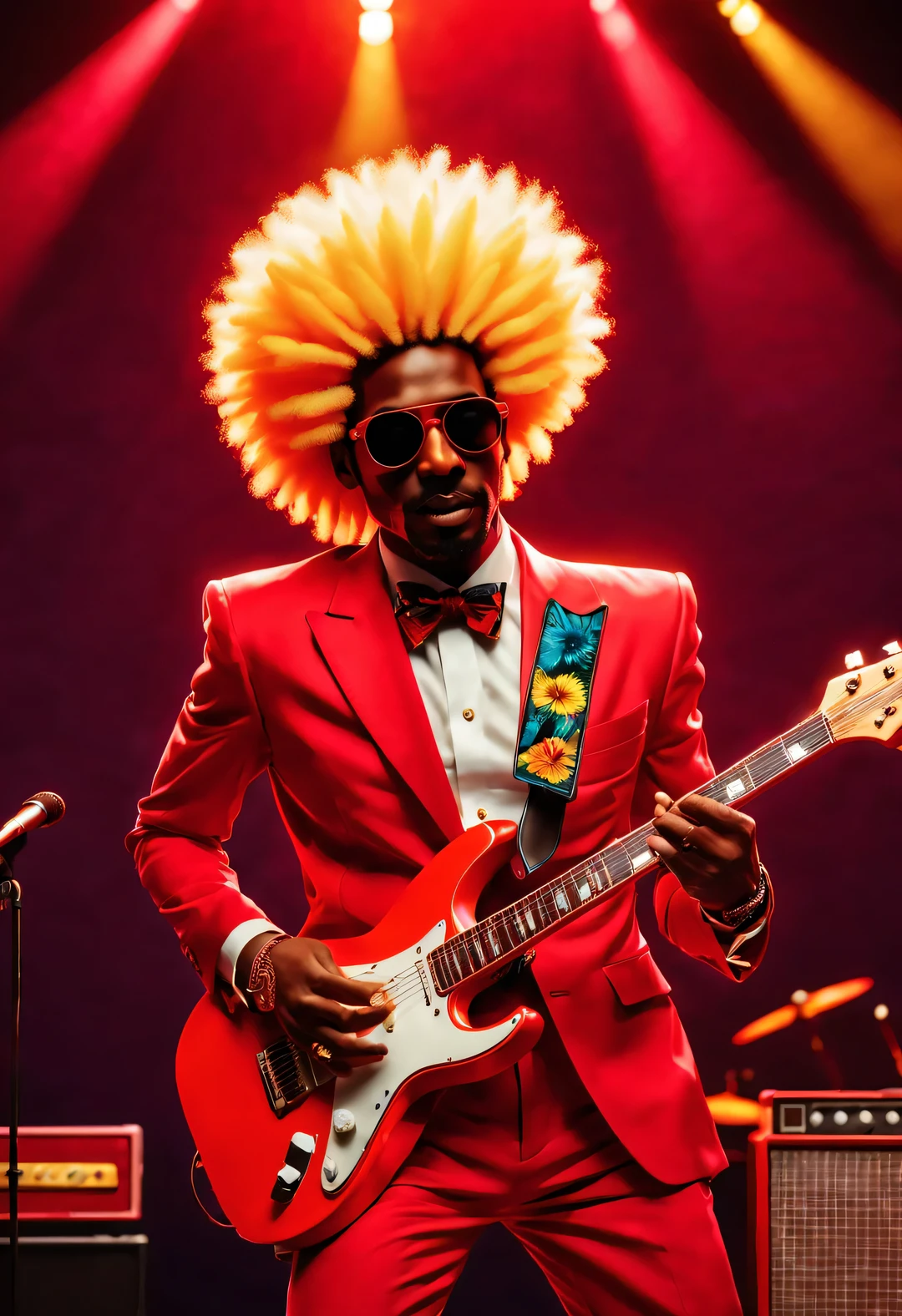 (best quality,4K,8k,high resolution,masterpiece:1.2),Super detailed,actual, bright colors, Vivid lighting, vaporwave style, intricate illustration,, dramatic lighting, Popular topics on Artstation, Award-winning, Icons are very detailed, (A 1980s man wearing a red suit、Man wearing sunglasses playing electric guitar), (afro Hairstyle), dynamic poses, energetic performance, Sing passionately, holding microphone, A large collection of electronic band instruments, Rich details, (Background rock concert).