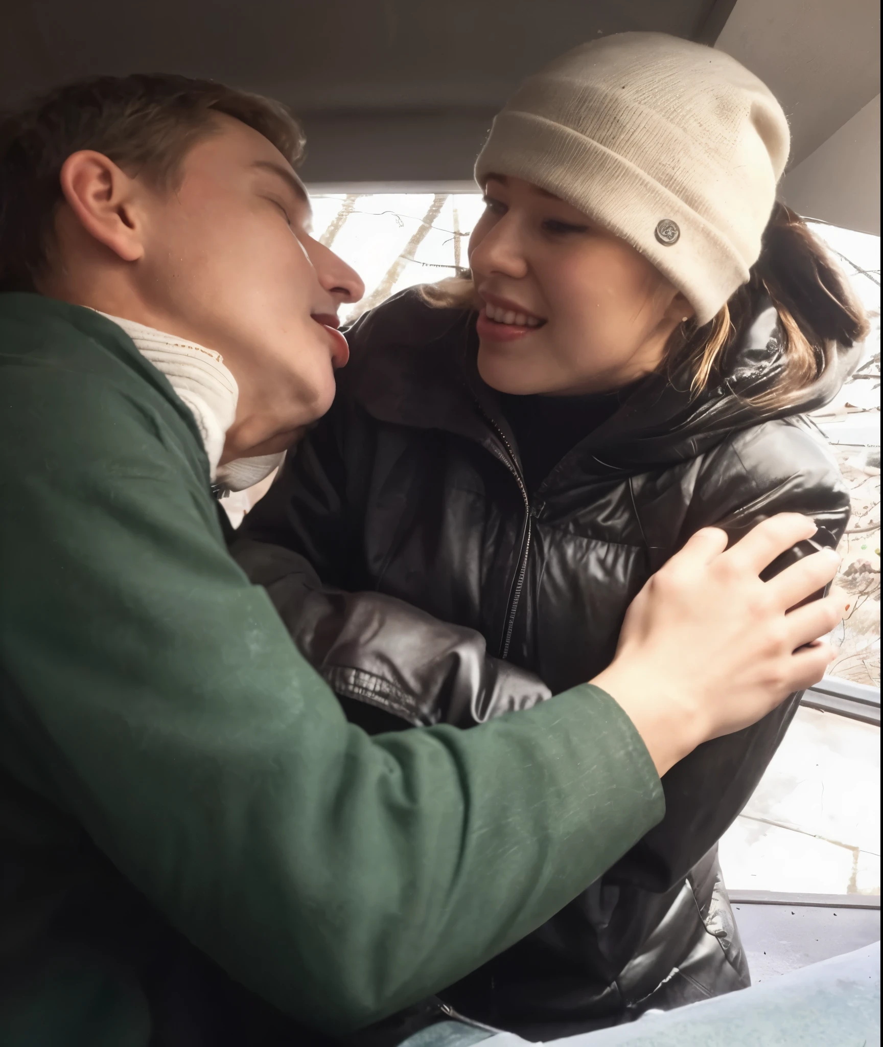 there are a young blond man and an attractively madeup middleaged woman in a laquered coat passionately kissing in a park, a longhairedmiddleaged woman is wearing a long black high-shine laquered downcoat, an orgasmic moaning middleaged woman in a high-shine coat is passionately kissing her blond shorthaired boyfriend, arm around her shoulder, hugging her, kissing him, orgasm, loving views, they are in love, hugging, beautiful surroundings, private moment, face obscured, candid shot, photoshoot, uhd candid photo of dirty, photo shoot, couple, beautiful scene, hugging his knees, dsrl photo, instagram picture, reylo kissing, picture
