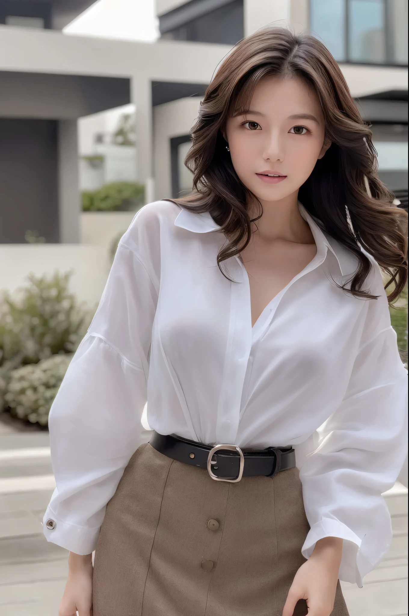 (Best quality, High resolution, Masterpiece :1.3), A Japanese lady, cute face, Slender abs, Dark brown hair styled in loose waves, Small breasts, Very thin waist, Wearing pendant, White button up shirt, Belt, Black skirt, (Modern architecture in background), Details exquisitely rendered in the face and skin texture, Detailed eyes, Double eyelid
