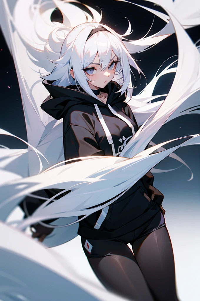 anime style woman with big white hair wearing black cloth eye bands with beautiful body wearing pantyhose shorts and a hoodie