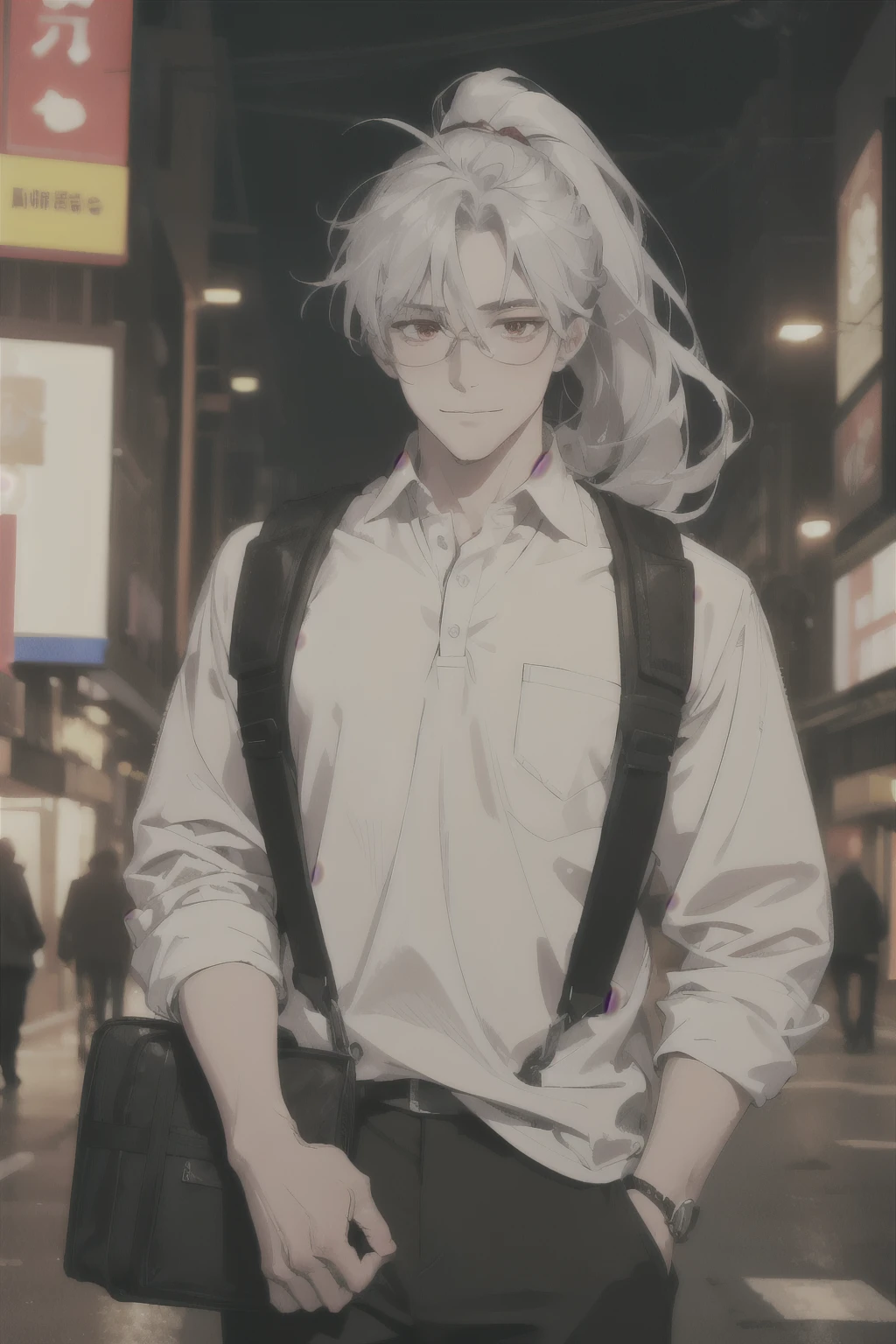 midjourney, ((best quality)), ((masterpiece)), (detailed), perfect face, 1male, handsome male, 30 to 40 years old, ((silver hair, extra long hair, messy hair ponytail)), ((red eyes)), depth of field, glasses, ((Bags under eyes)), smile, blush, fat (chubby), ((clean shaven)), (cyberpunk aesthetic, mecha), vivid colors, polo shirt, dress pants, crossbody bag