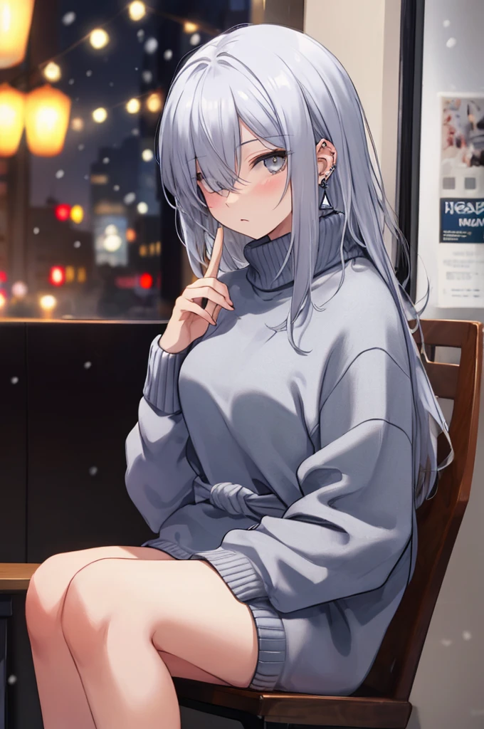 ((masterpiece:1.4, best quality:1.2)), 1girl, solo focus, beautiful skin, blush, grey sweatshirt, long white hair, grey eyes, sitting, earrings, Hands piercing, coffee shop window, night, snowing, cityscape, tall female, beautiful and delicate female, comfy ambience, {detailed background}, hair over one eye, shy, sexy, naked,