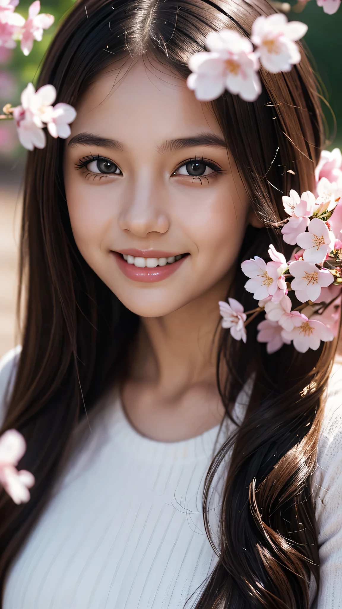 (ung girl), cute face, kawaii, Brown hair, instagram beautiful girl photos, great smiles, (Best Quality:1.3), (Ultra-detailed), (extremely detailed CG unified 8k wallpaper), Highly detailed, High-definition raw color photos, Professional Photography, cherry blossom, colorful pictures, colorful photos, depth of fields,