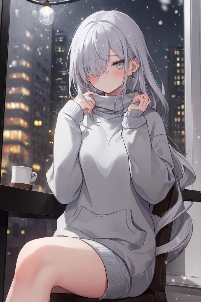 ((masterpiece:1.4, best quality:1.2)), 1girl, solo focus, beautiful skin, blush, grey sweatshirt, long white hair, grey eyes, sitting, earrings, Hands piercing, coffee shop window, night, snowing, cityscape, tall female, beautiful and delicate female, comfy ambience, {detailed background}, hair over one eye, shy, sexy, naked,