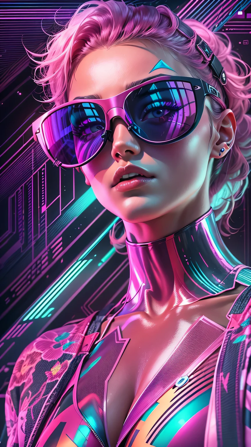 (high resolution,Super detailed),vaporwave aesthetics,luxury,futuristic,neon color,Luminous lamp,Reflective surface,Rainbow gradient,vintage,Fashion-forward,Vibrant pattern,Woman posing confidently,metallic fabric,shiny holographic texture,Geometric composition,pink and purple shades,cyberpunk style,3D rendering elements,city View,neon lights,reflective sunglasses,crystal clear water,sparkling poolside,high cut swimsuit,Claim accessories,oversized visor sunglasses,digital glitch effect,Mirror-like reflection,dynamic poses,sharp contrast,Bold makeup,Avant-garde hairstyle,Effortless elegance,light,graceful movements,Celebrate individuality,empower women.