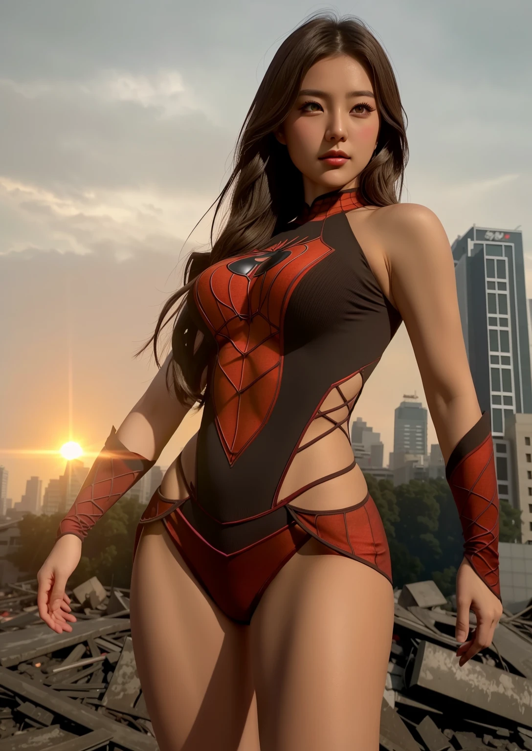 Beautiful half-Japanese-Ukrainian girl in a detailed brown Spider-Man costume., big breasts, Superhero moves, Standing in the ruined city at sunset, very detailed, smoke, Sparks, sunlight, (8ก), realistic, symmetrical, won, movie lightning, juicy, film, 75mm, scratch, Take the whole body, close up, Clothes are torn and dirty., detailed face,