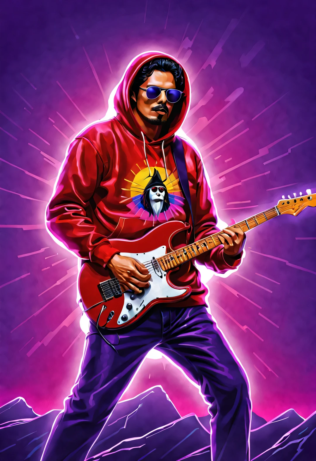 vaporwave style，Vector illustration, Minimalism, number, , Beautiful and meticulous illustrations, A little more purple， （A man from the 1980s wearing a red hoodie with a raven pattern，wearing sunglasses，Playing electric guitar）， dynamic poses，Crazy dynamic playing and singing postures，Background rock concert，dramatic lighting, Art site hot search, Award-winning, Icons are very detailed