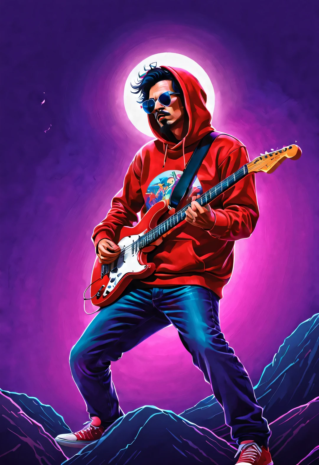 vaporwave style，Vector illustration, Minimalism, number, , Beautiful and meticulous illustrations, A little more purple， （A man from the 1980s wearing a red hoodie with a raven pattern，wearing sunglasses，Playing electric guitar）， dynamic poses，Crazy dynamic playing and singing postures，Background rock concert，dramatic lighting, Art site hot search, Award-winning, Icons are very detailed