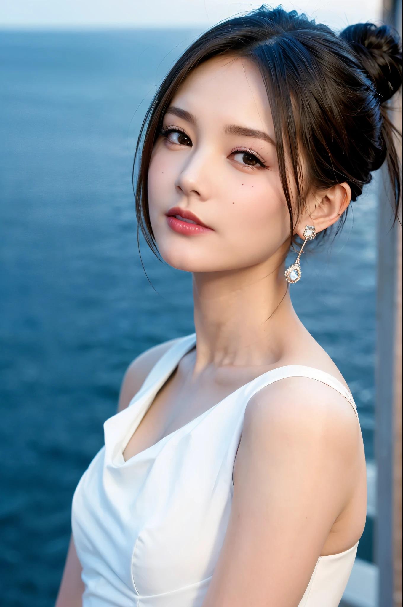 1girl, solo, realistic, smile, head tilt,  white dress, grin, upper body,  ( sea, bridge,  background:1.5),  (bun:1.5), ulzzang-6500v1.1, (original: 1.2), (realistic: 1.3) , beautiful girl with beautiful details, extremely detailed eyes and face, eyes with beautiful details, absurd, incredibly absurd, huge file size, ultra detail, high resolution, ultra detailed, best quality, masterpiece, illustration, ultra detailed and beautiful, ultra detailed, CG, unity, 8k wallpaper, amazing, fine Detail, masterpiece, top quality, official art, extremely detailed CG unity 8k wallpaper, cinematic lighting, (perfect shiny skin:0.6), slim and smooth lines, (floating), (small breasts:1),  diamond earrings, 