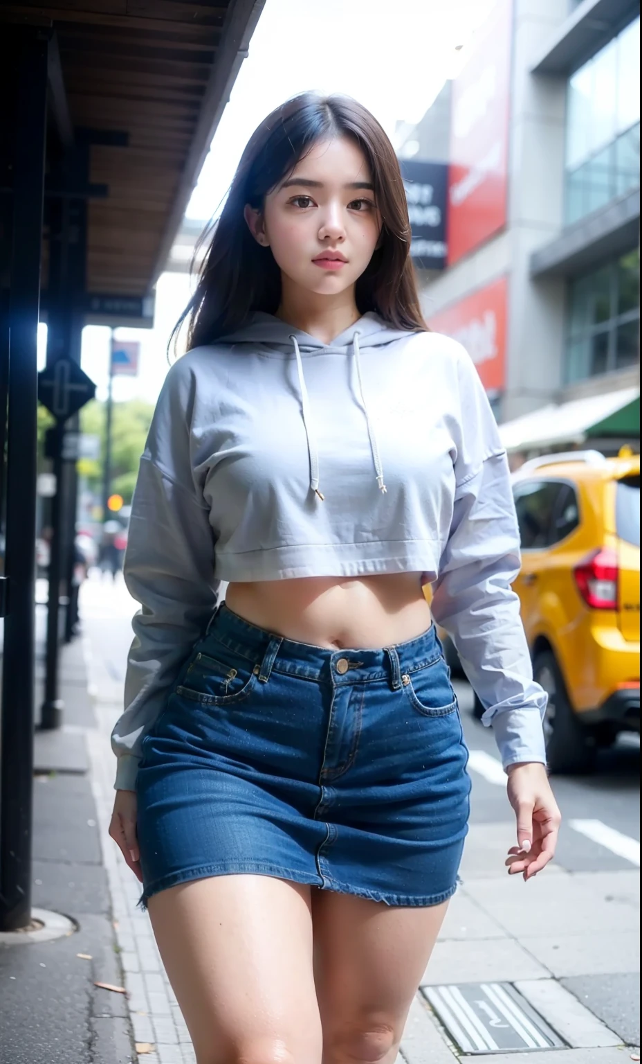 ((best quality)), ((masterpiece)), (detailed), perfect face, araffe woman in a dark-blue hoodie and blue denim skirt walking down a street, thicc, she has a jiggly fat round belly, bbwchan, wearing tight simple clothes, skinny waist and thick hips, widest hips, her belly is fat and round, soft curvy shape, hyperrealistic full figure, wearing a cute top, wide hips