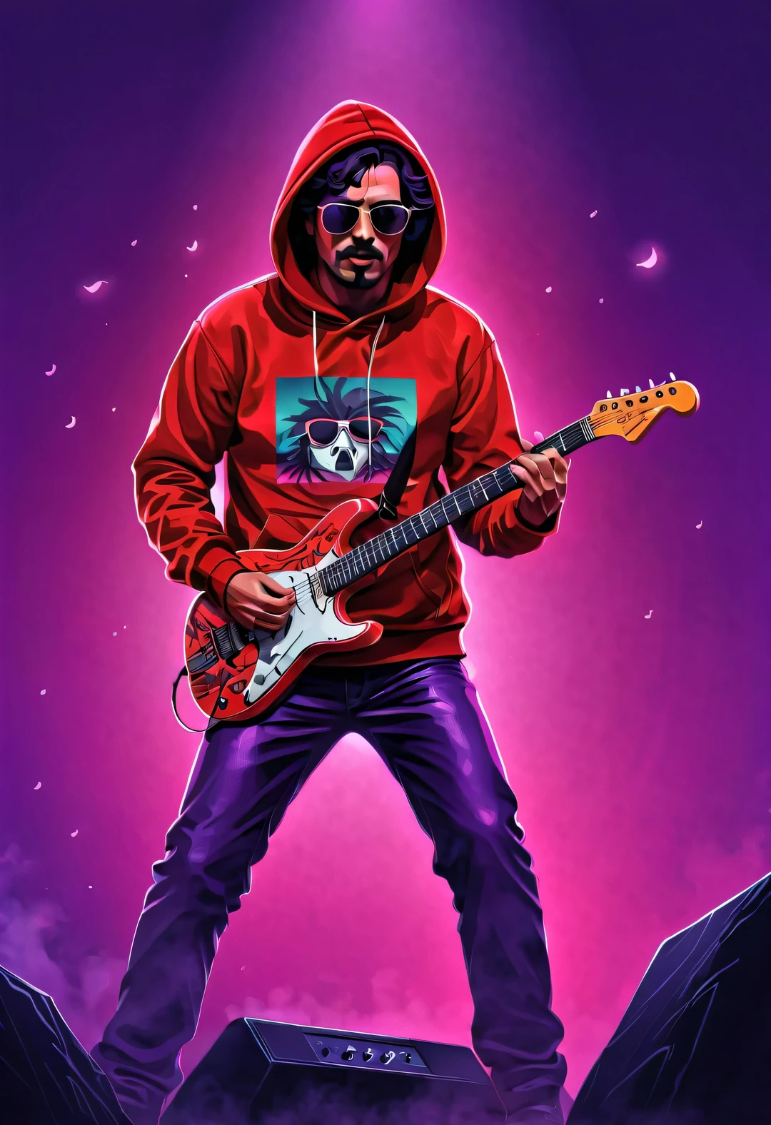 Vector illustration, Minimalism, number, vaporwave style, Beautiful and meticulous illustrations, A little more purple, (A man from the 1980s wearing a red hoodie with a raven pattern,wearing sunglasses,Playing electric guitar), dynamic poses,Crazy dynamic playing and singing postures,Background rock concert,dramatic lighting, Trends on ArtStation, Award-winning, Icons are very detailed