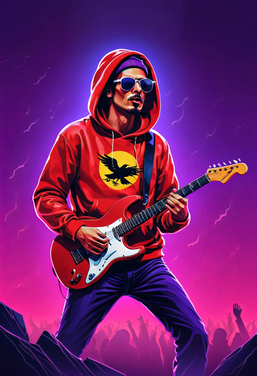 Vector illustration, Minimalism, number, vaporwave style, Beautiful and meticulous illustrations, A little more purple, (A man from the 1980s wearing a red hoodie with a raven pattern,wearing sunglasses,Playing electric guitar), dynamic poses,Crazy dynamic playing and singing postures,Background rock concert,dramatic lighting, Trends on ArtStation, Award-winning, Icons are very detailed