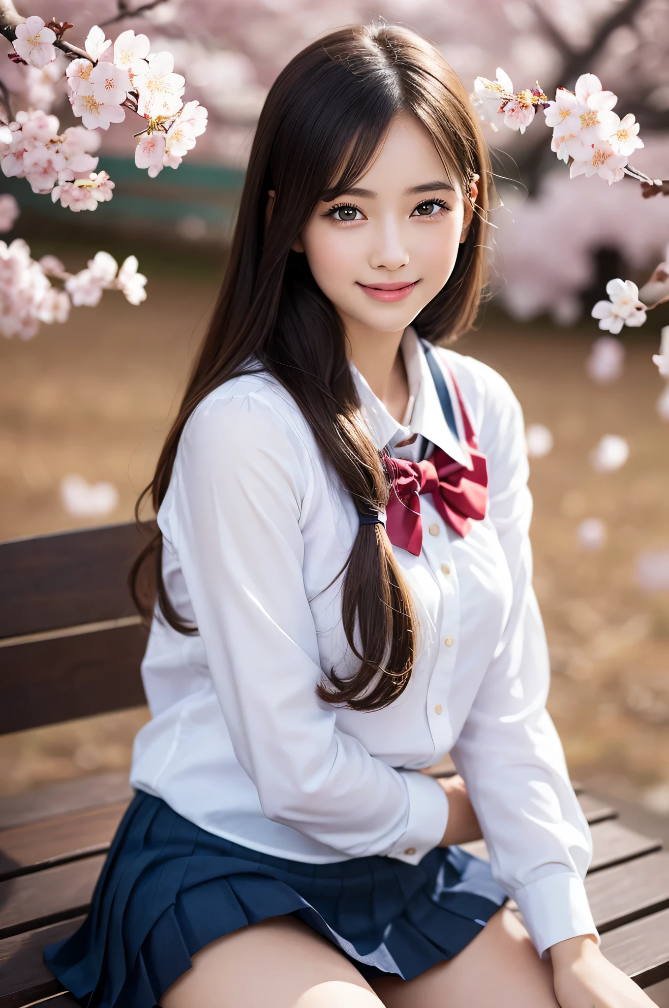 (1 girl), wonderful face and eyes, (big round eyes:1.15), (Highly detailed beautiful face), smile, (school uniform, pleated mini skirt:1.3), (school uniform with open breasts), (highest quality:1.4), (super detailed), (surreal, realistic:1.37), fair skin, Highly detailed CG integrated 8k wallpaper, RAW photo, professional photos, cinematic lighting, sitting, bench, spread your legs wide, (cleft of venus), (Cherry blossom wallpaper), 