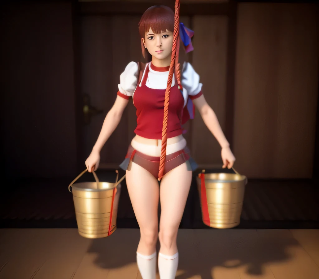 dungeon,Alafed woman in red bloomers holding two buckets and rope,Gym suit, surreal high school girl, surreal high school girl, real high school girl, Photorealistic anime girl rendering, Cute 3d anime girl rendering, gapmoe yandere, yayoi kasuma, humachine humanized experiment, mao hamaguchi, 3D model of Japanese mascot,The rope is digging into the crotch,Knead,nffsw