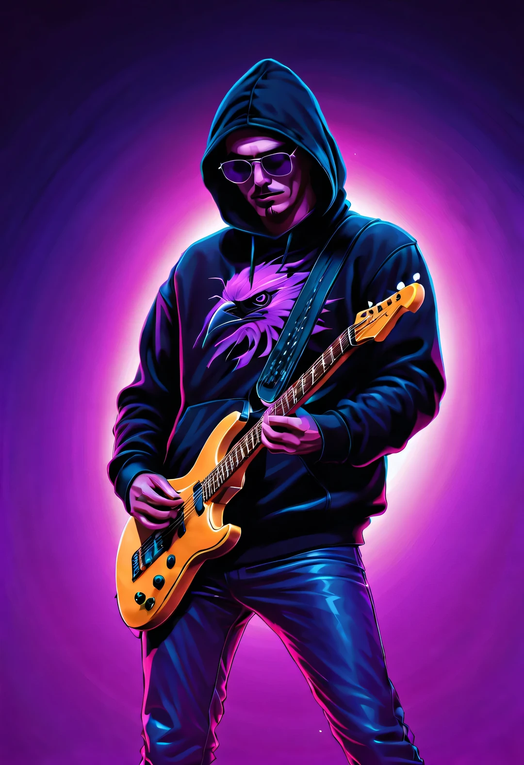 Vector illustration, Minimalism, number, vaporwave style, Beautiful and meticulous illustrations, A little more purple，
a man in the 1980s，Wearing a black hoodie with a crow pattern，wearing sunglasses，Playing electric guitar,, dynamic poses，Crazy pose，dramatic lighting, Trends on ArtStation, Award-winning, Icons are very detailed