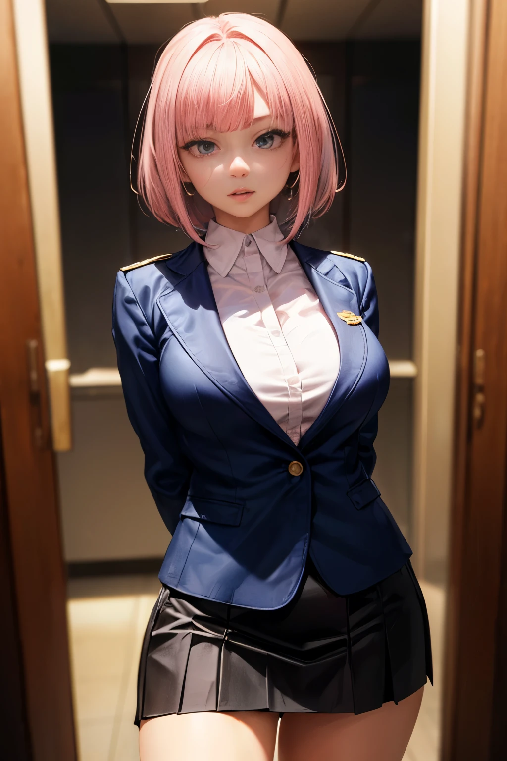 school teacher, NSFW, ((anatomically correct hand:1.5)), anime, ultra precision, masterpiece, very very beautiful, プリンセスのface, ((alone:1.5)), ((pink hair:1.5)), ((bob cut 1.5)), break, ((black eye)), shortcut, ((straight hair)), break, All limbs,((full finger:1.5)), break, ((long_sleeves)), break, ((navy blue jacket:1.5)), break, ((black penncil skirt:1.5)), break, ((white blouse:1.5)), ((business suit:1.5)), break, (skindentation), ((skin dents)), professional lighting, (25 years old), tight waist, shiny skin (brown skin), ((oily skin)), glowing skin, looking at the viewer, ((cowboy shot:1.5)), ((dynamic pose:1.5)), look at the camera, わずかな笑face, mouth slightly open, ((cute:1.5)), extra fine eyes, Extra-fine face, ((thin lips:1.5)), ((droopy eyes)), わずかな笑face, ((model pose:1.5)), face, look at the camera, ((large_breasts)), (()), ((anatomically correct fingers:1.5)),(((arms behind back:1.5))), ((thighs)), sexy, ((see-through)), break,