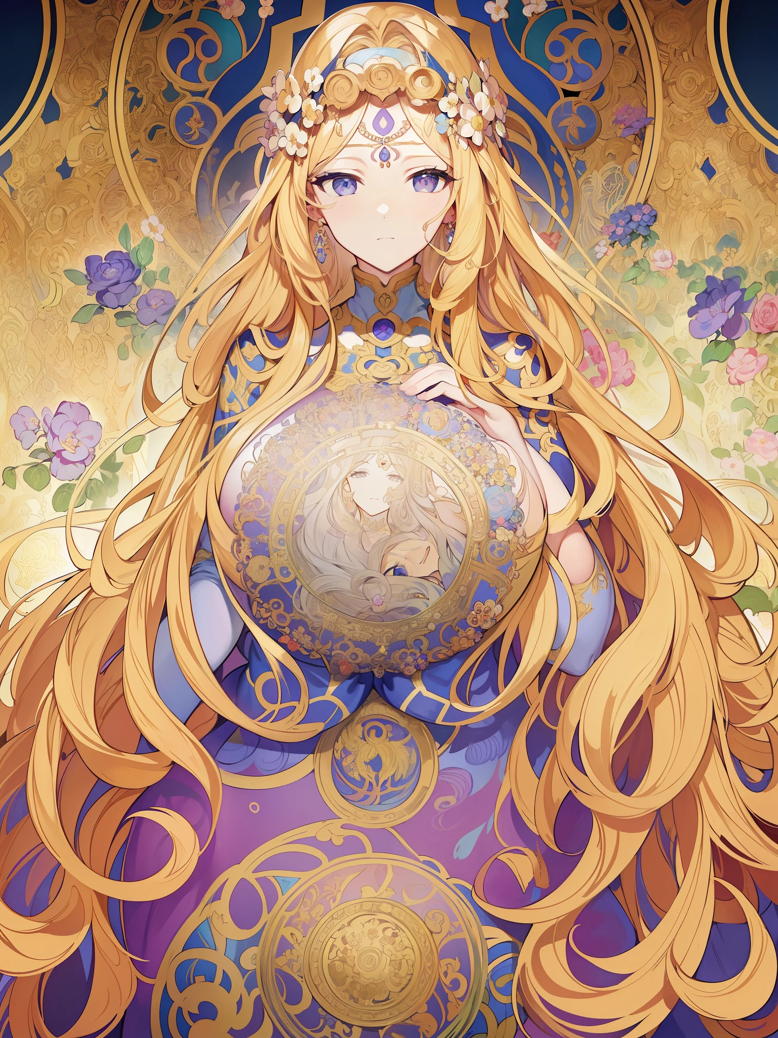 European woman face portrait、long curly hair、blonde、Flower frame、decorative panels、abstract art、By Alphonse Mucha (masterpiece、highest quality、High resolution: 1.4)、detailed、複雑なdetailed、4K、color splash、line art、fibonacci、sexy、winding、mature woman、、、tits