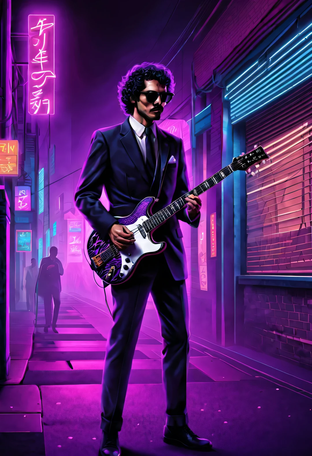 Vector illustration, Minimalism, number, vaporwave style, Beautiful and meticulous illustrations, A little more purple,
A man wearing a black American 1980s crow pattern suit、80s man wearing sunglasses playing electric guitar.,Short black curly hair,Background city neon board street scene,
dramatic lighting, Trends on ArtStation, Award-winning, Icons are very detailed